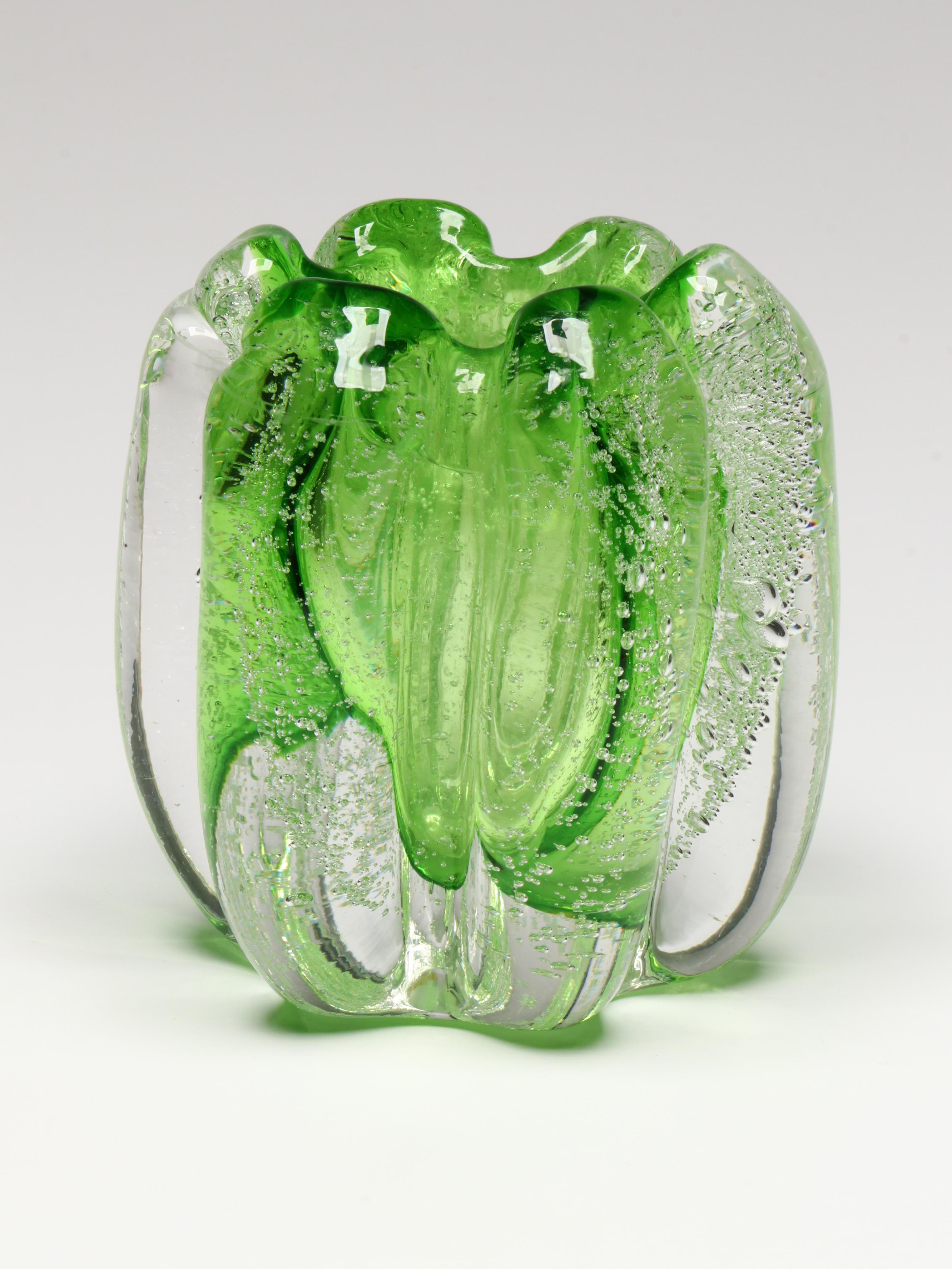 Handblown Orange Glass Bowl with Other Bubble Glass Scalloped Bowl and Vase