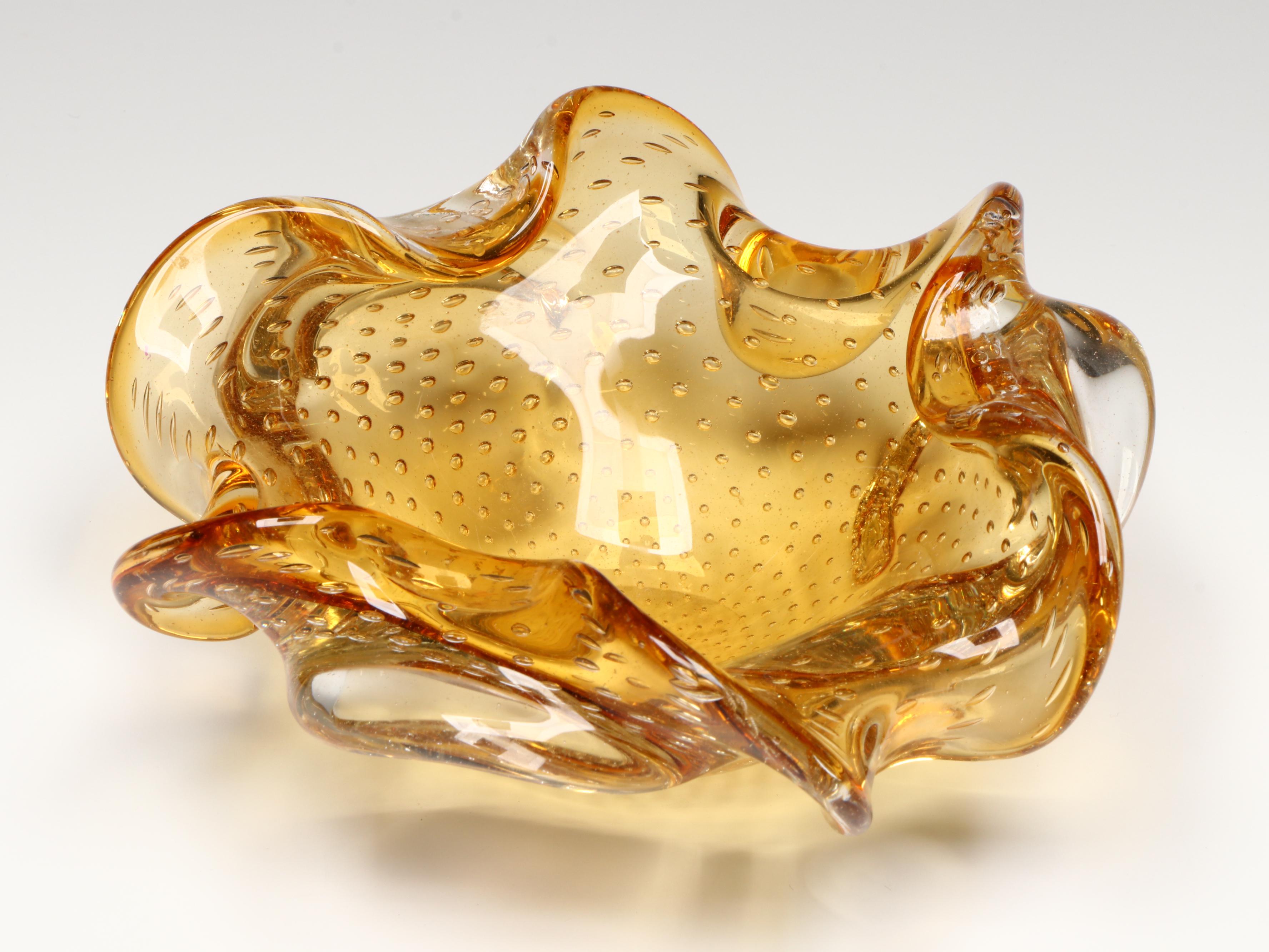 Handblown Orange Glass Bowl with Other Bubble Glass Scalloped Bowl and Vase