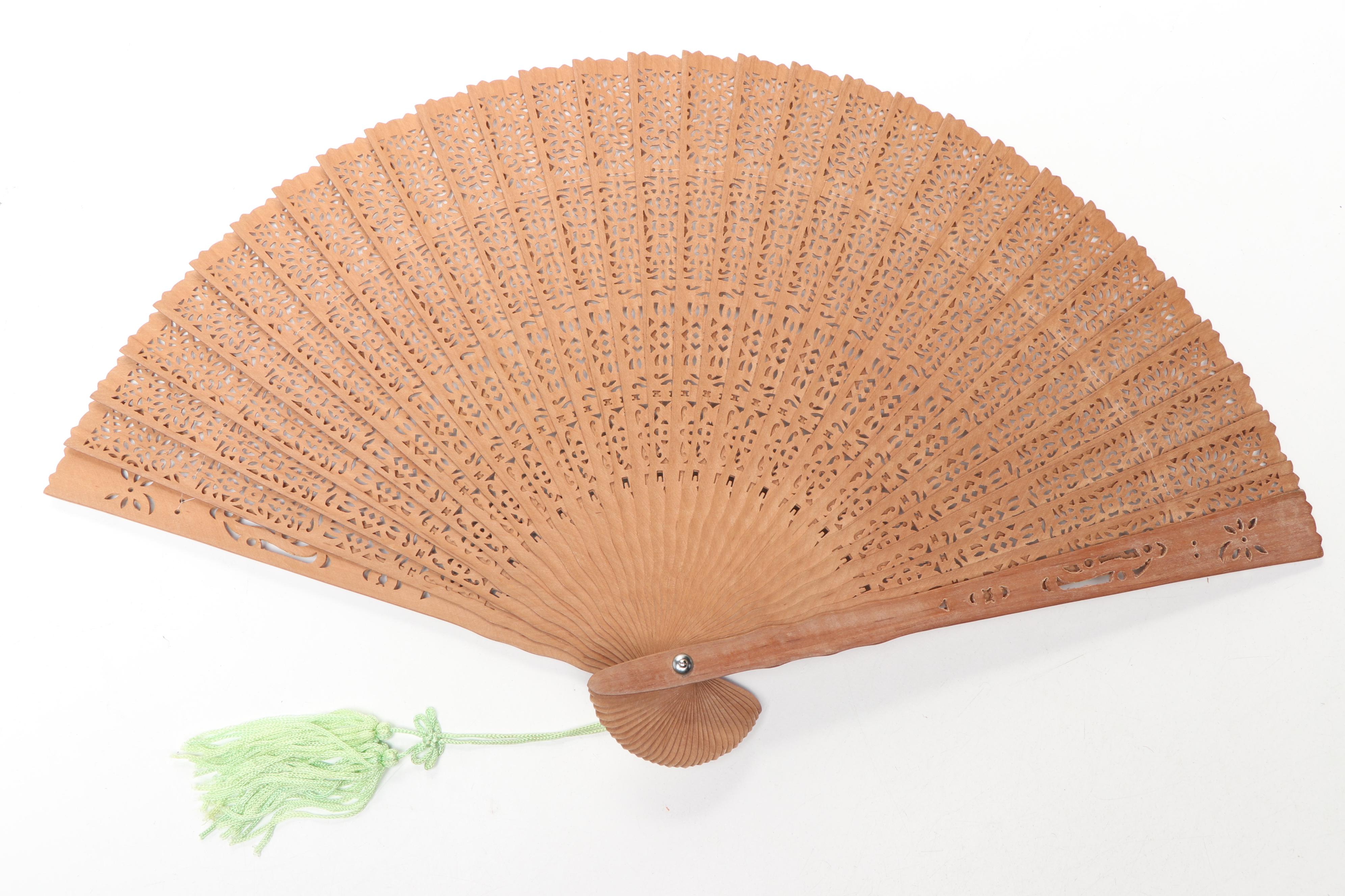 Chinese Bird and Floral Wood and Paper Folding Fan with Other Folding Fans