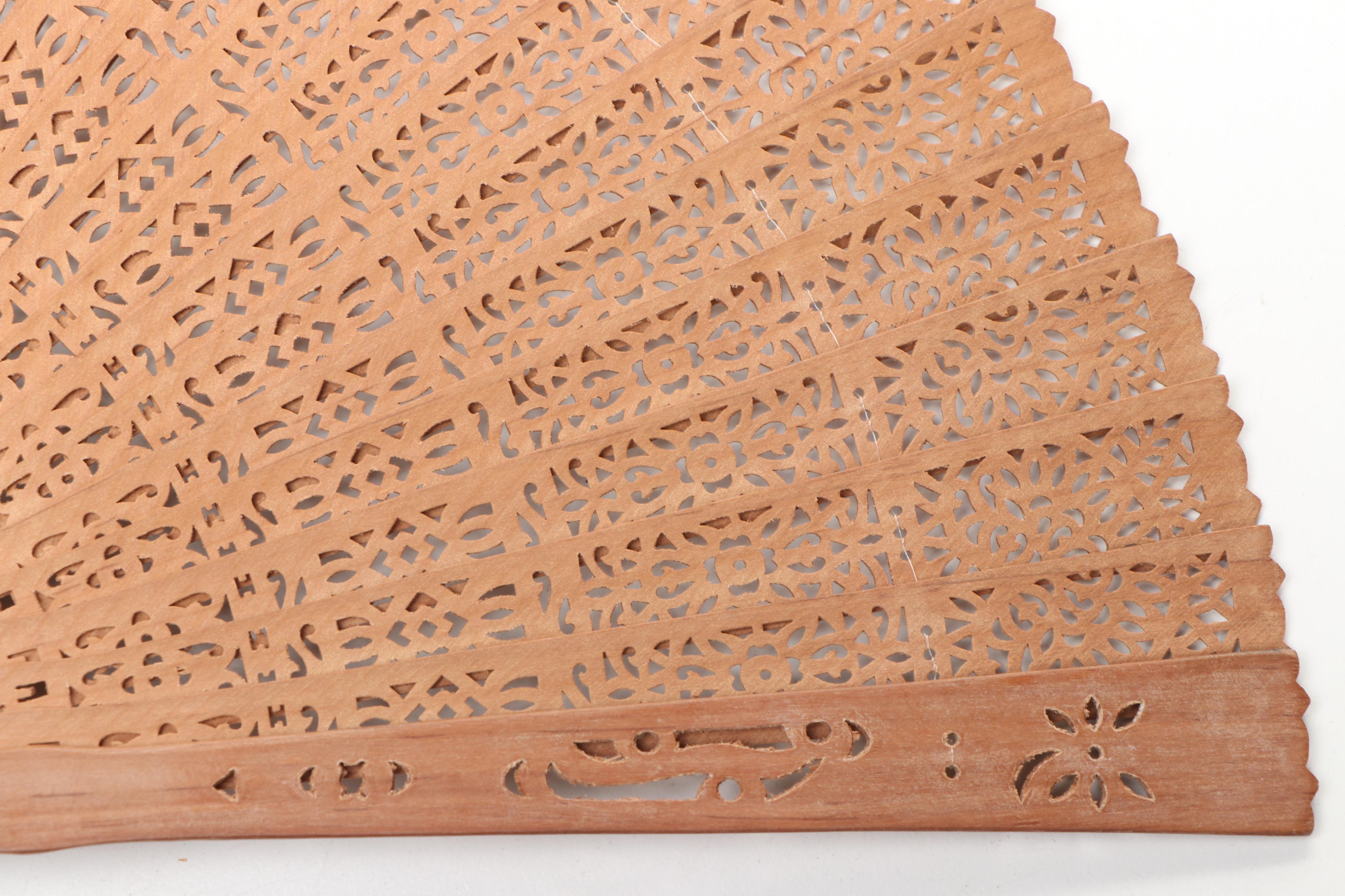 Chinese Bird and Floral Wood and Paper Folding Fan with Other Folding Fans