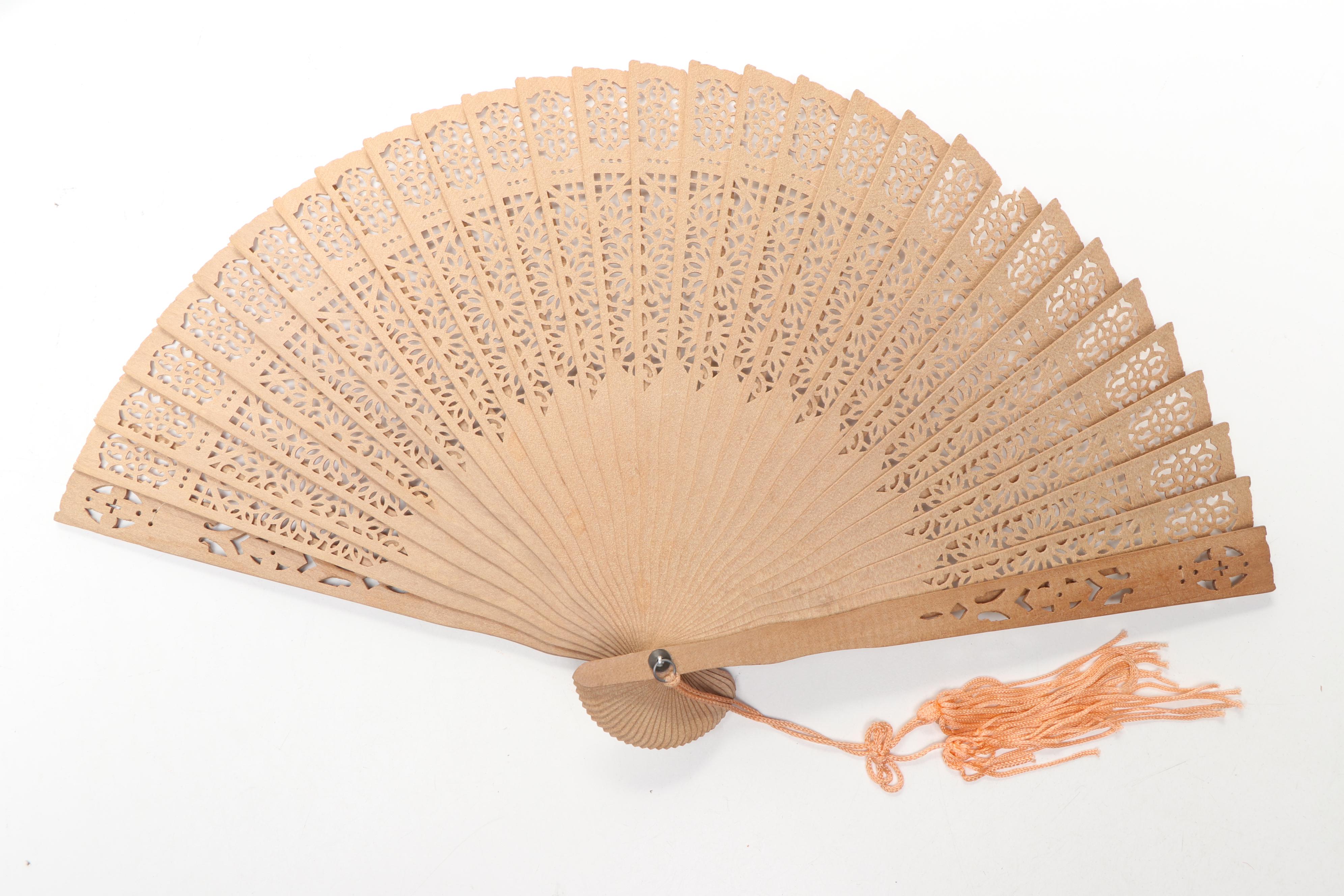 Chinese Bird and Floral Wood and Paper Folding Fan with Other Folding Fans