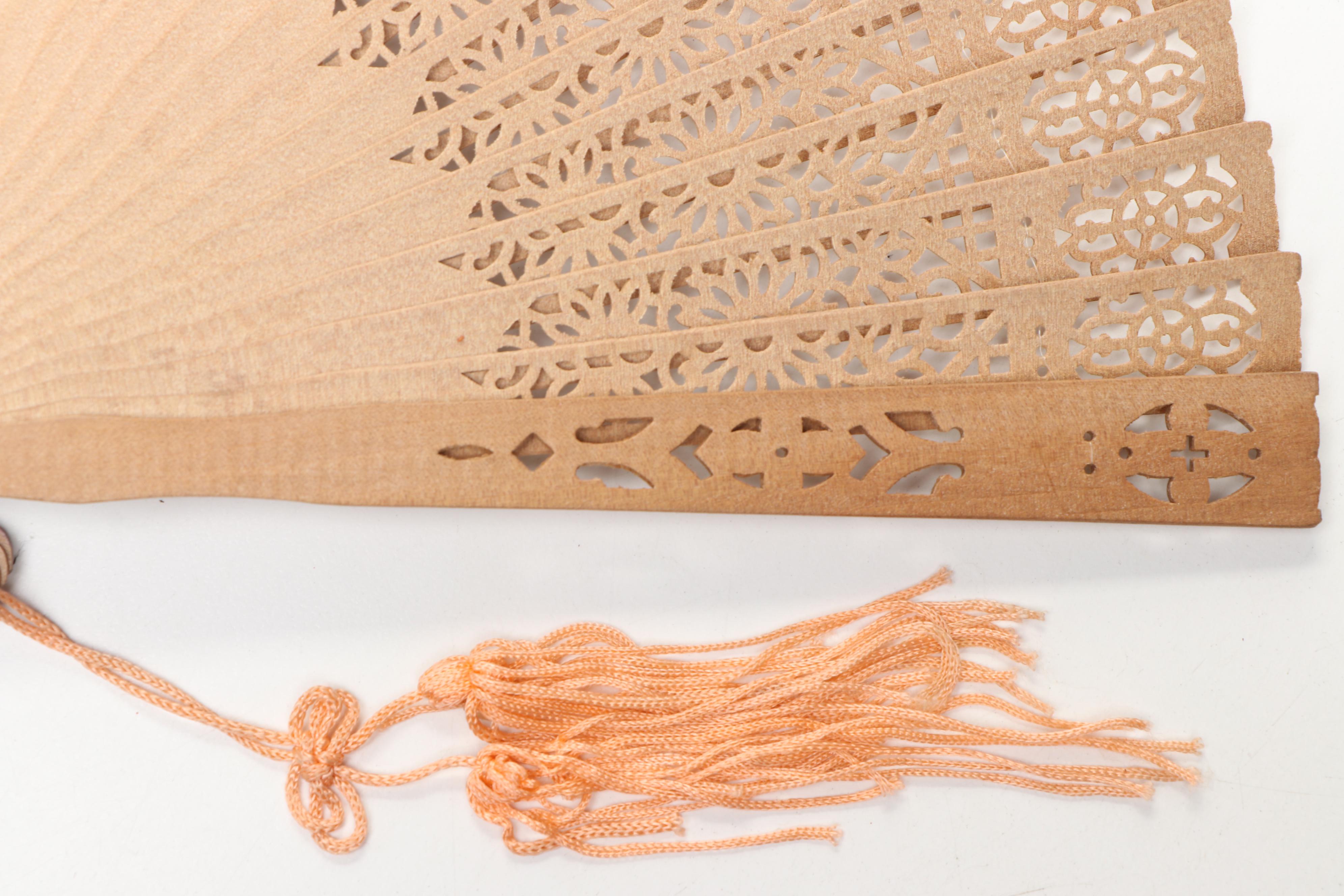 Chinese Bird and Floral Wood and Paper Folding Fan with Other Folding Fans