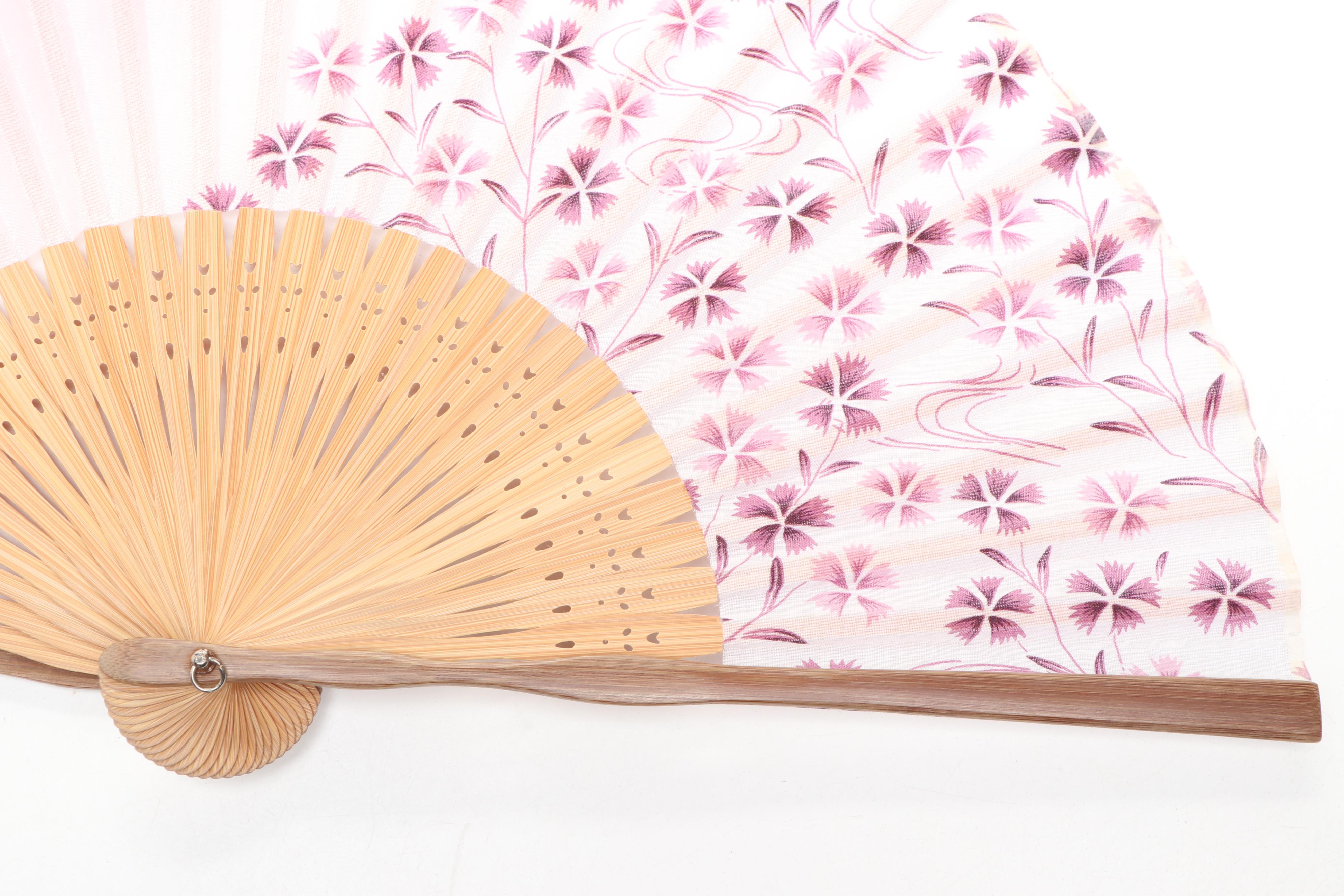 Chinese Bird and Floral Wood and Paper Folding Fan with Other Folding Fans