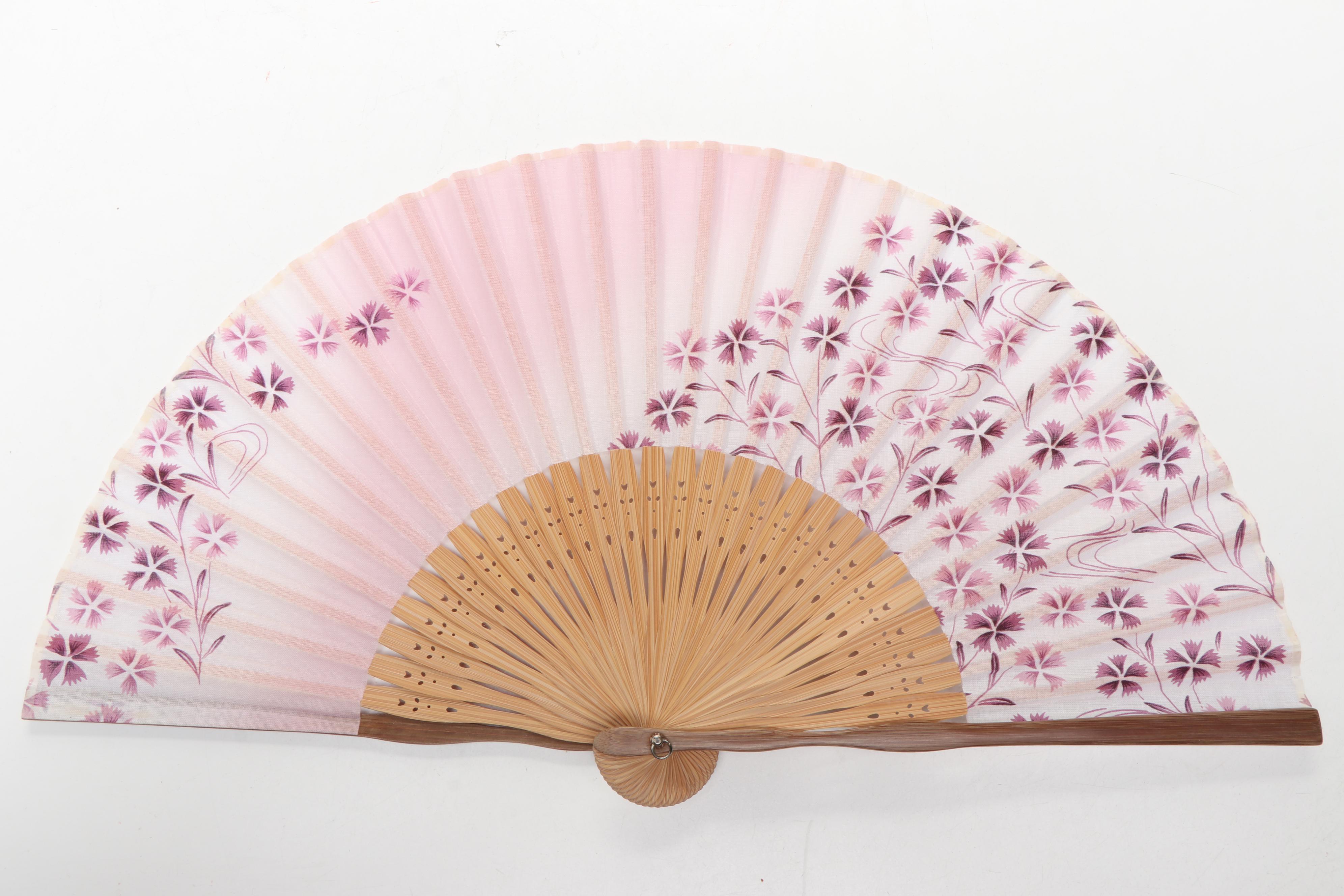 Chinese Bird and Floral Wood and Paper Folding Fan with Other Folding Fans