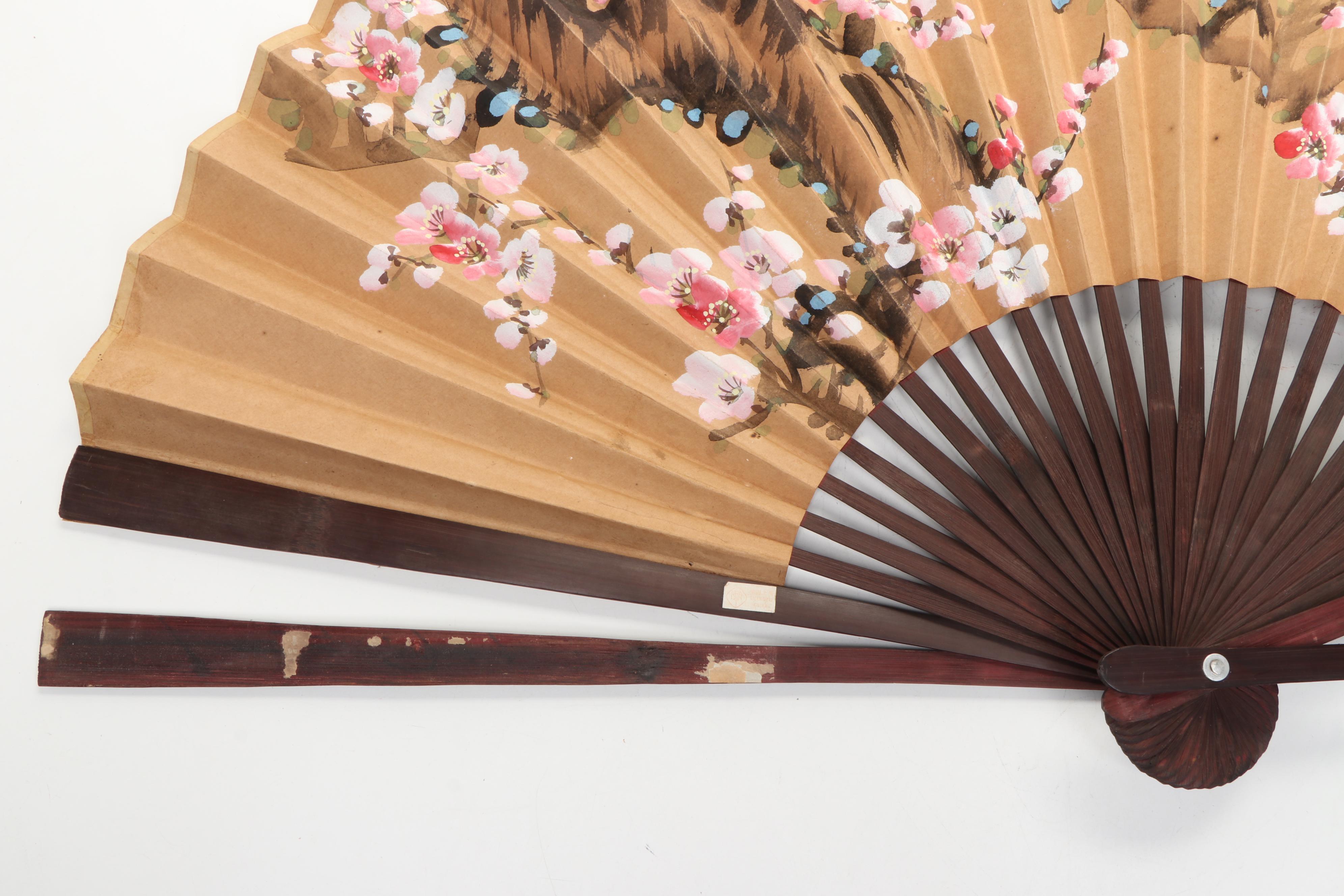 Chinese Bird and Floral Wood and Paper Folding Fan with Other Folding Fans