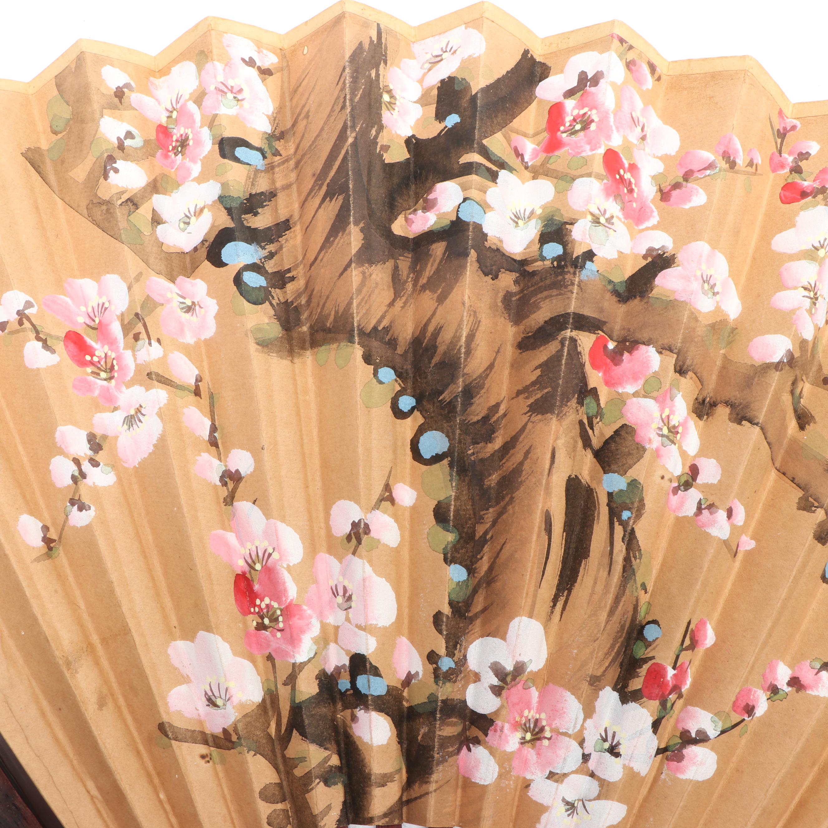 Chinese Bird and Floral Wood and Paper Folding Fan with Other Folding Fans