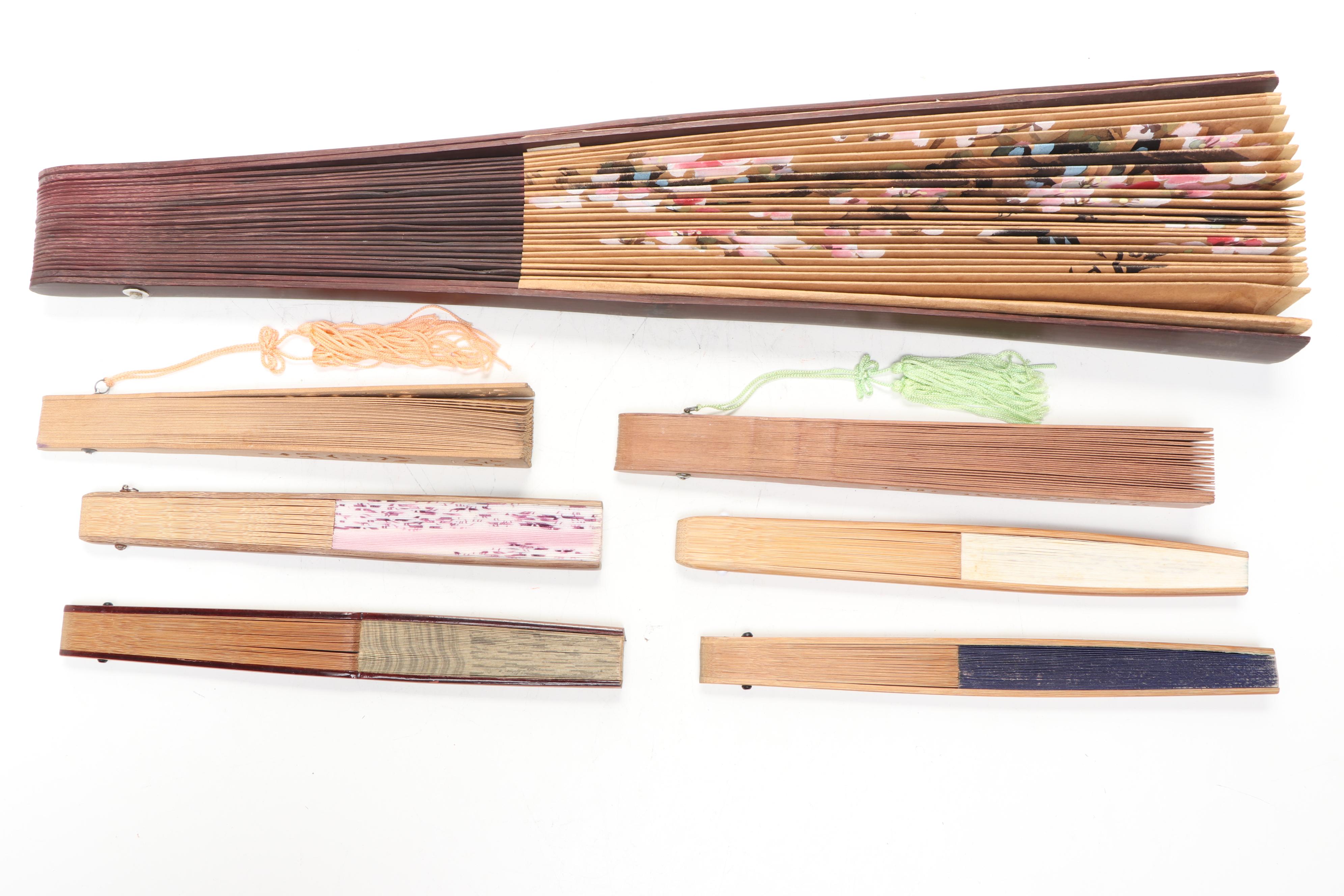 Chinese Bird and Floral Wood and Paper Folding Fan with Other Folding Fans