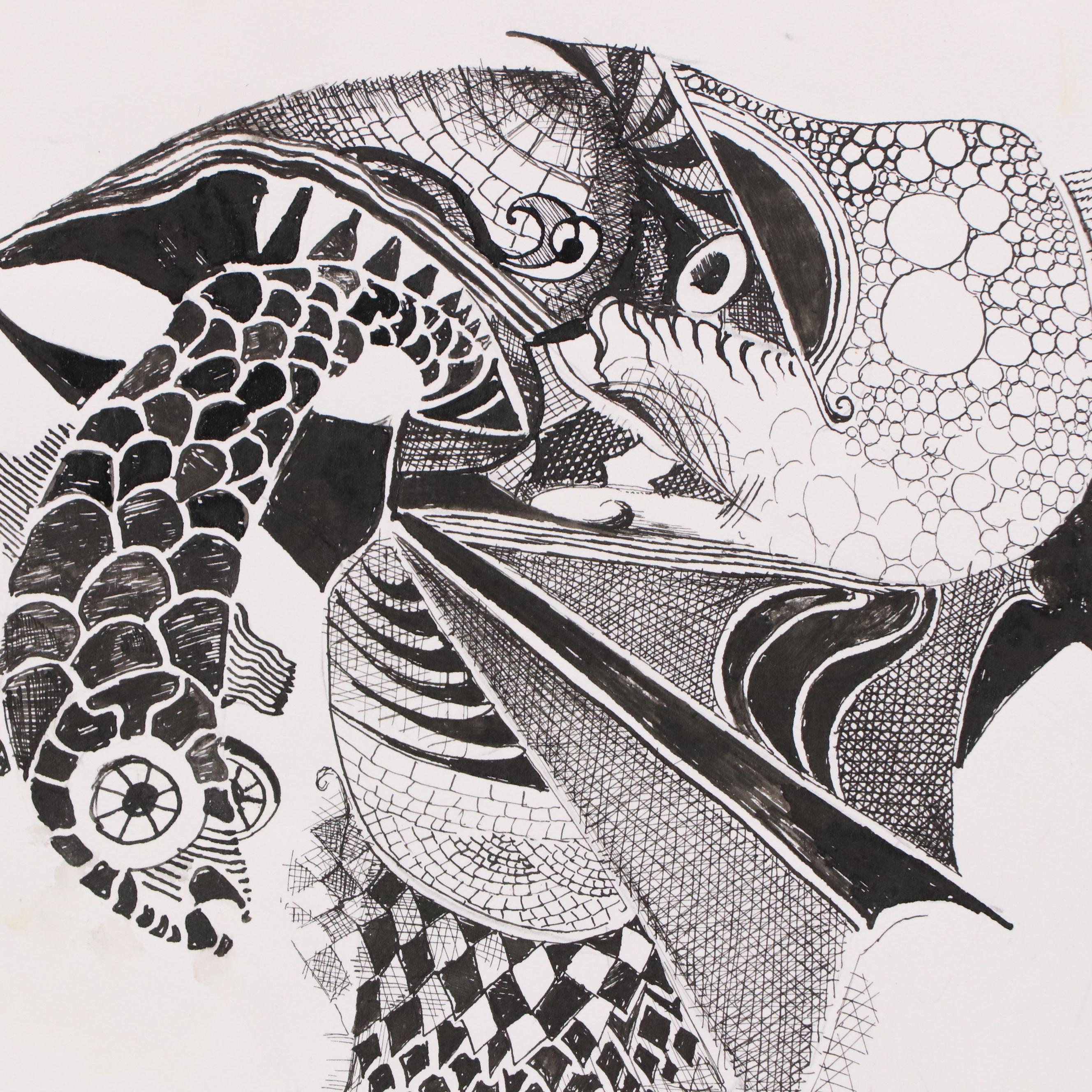 Nikolay "Kuk" Manuylov Surrealist Ink Illustration "Vel Volkodav"