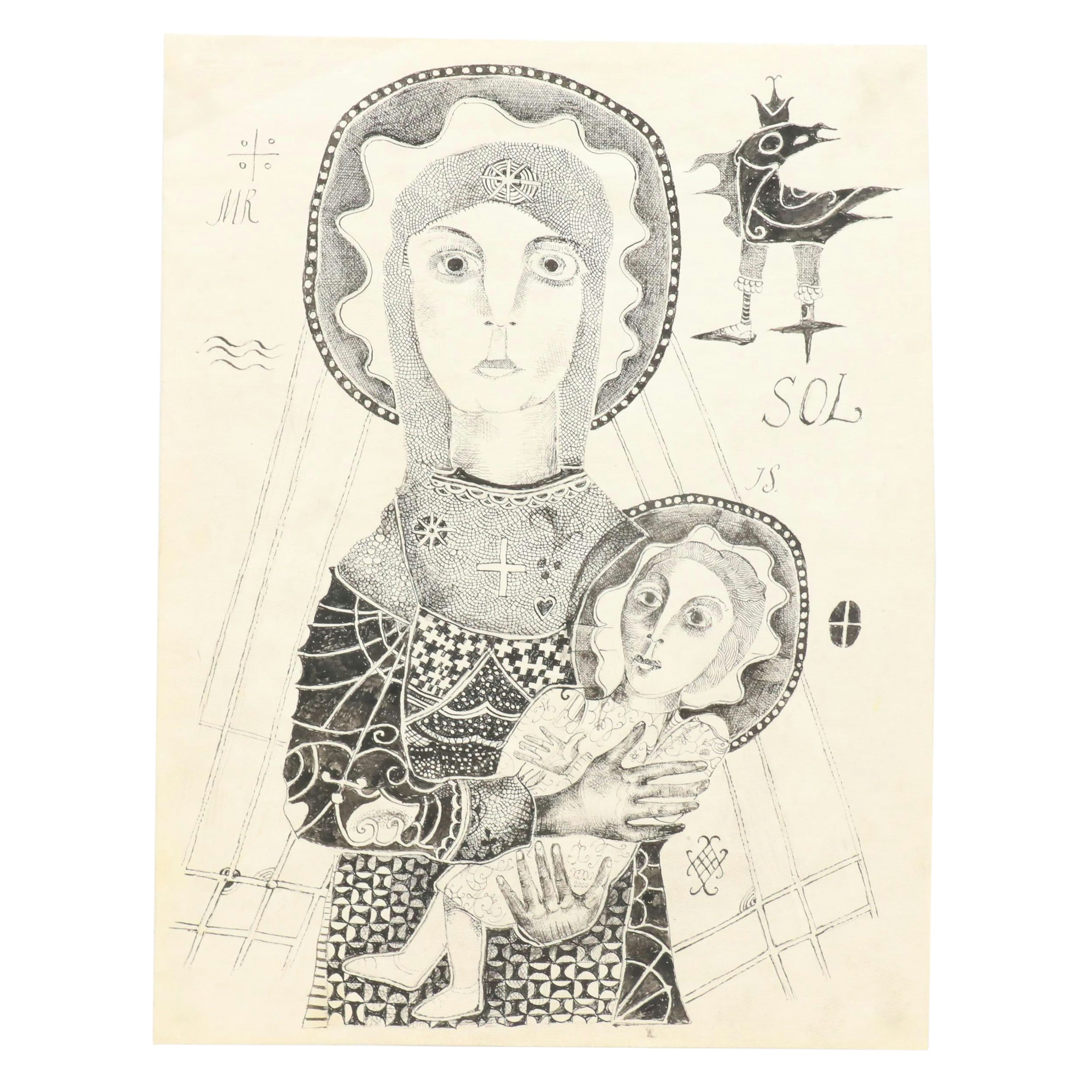 Nikolay Kuk Ink Surrealist Illustration of Madonna and Child
