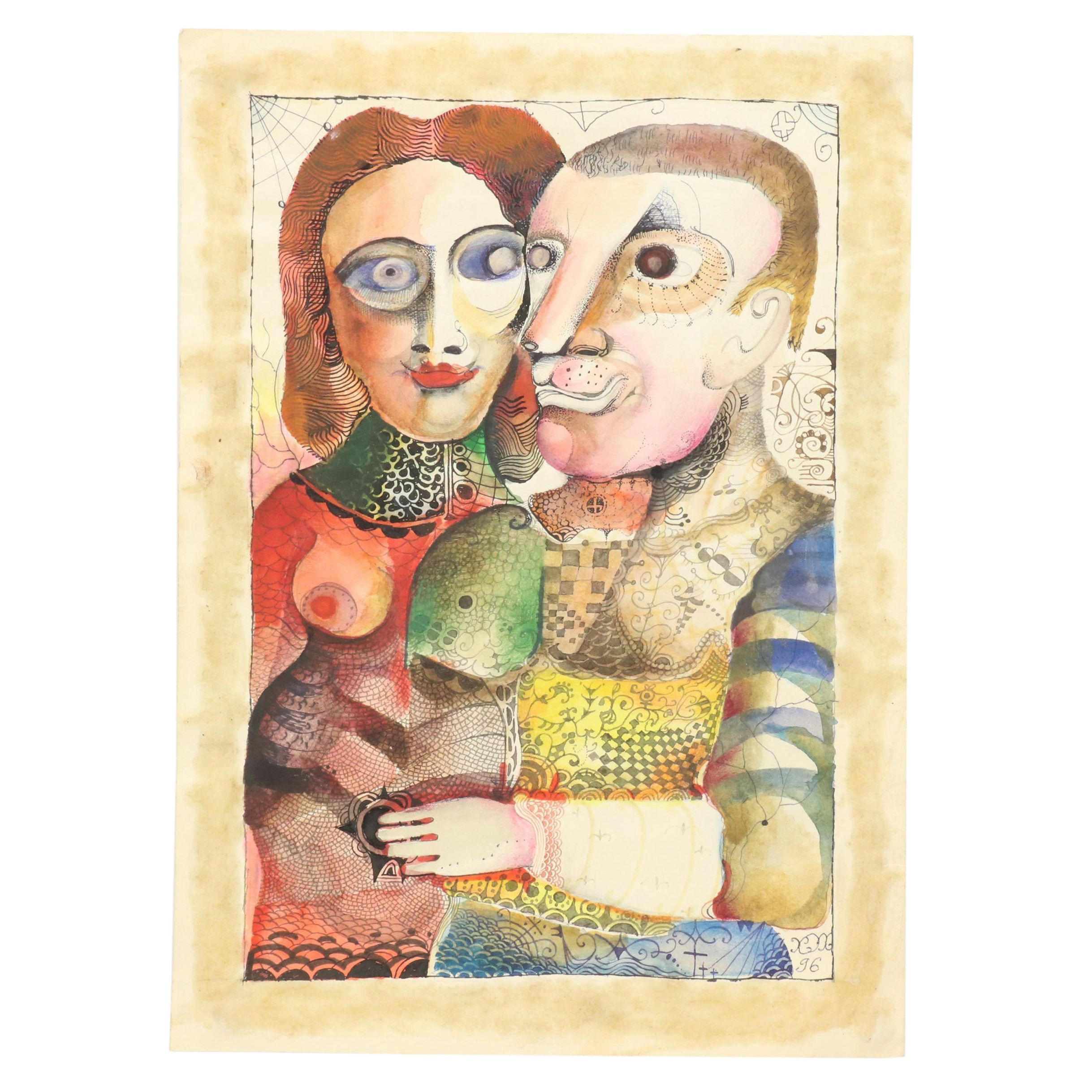 Nikolay Kuk Surrealist Figural Mixed Media Illustration, 1996