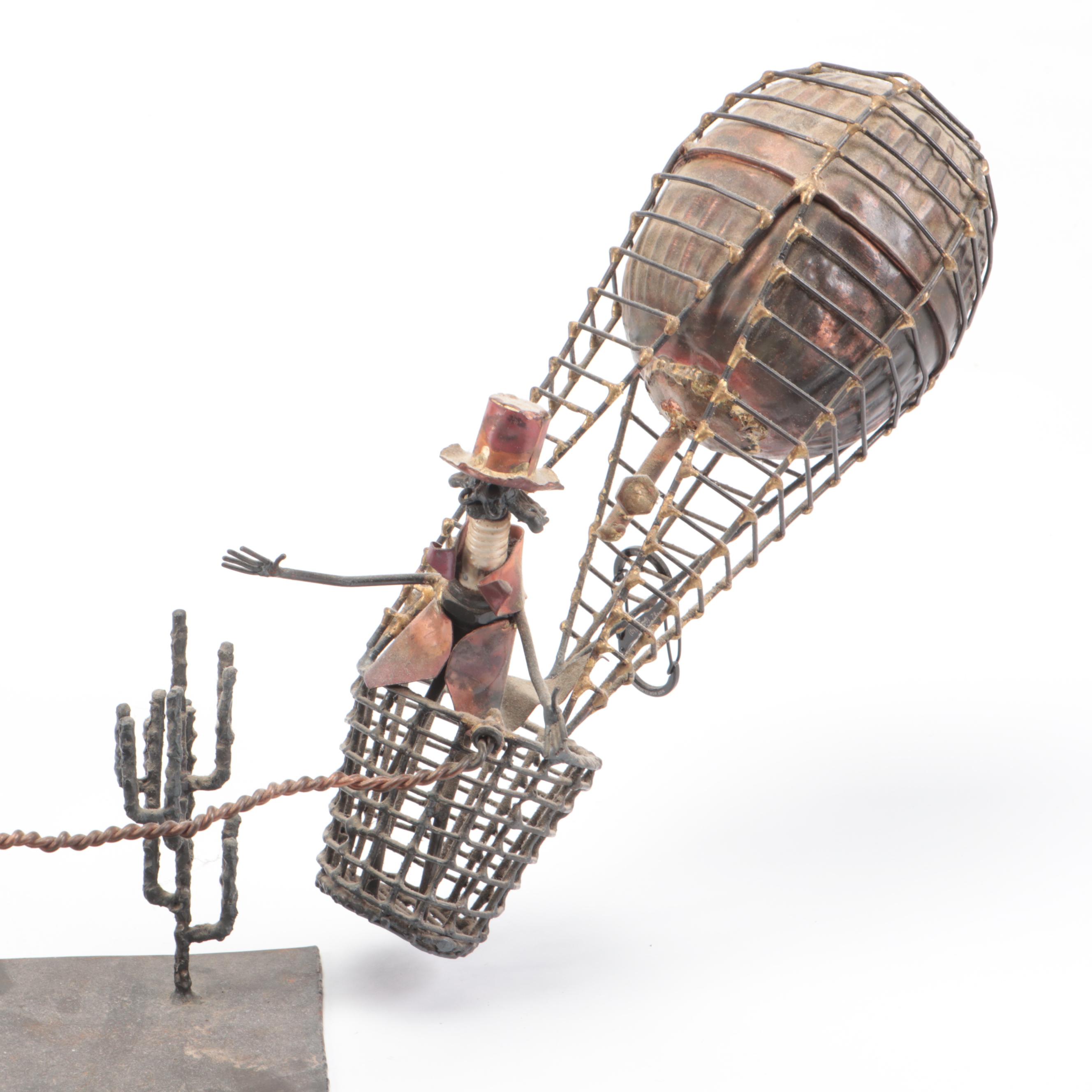 Artist Signed Primitive Metal, Copper and Wirework Hot Air Balloon Sculpture
