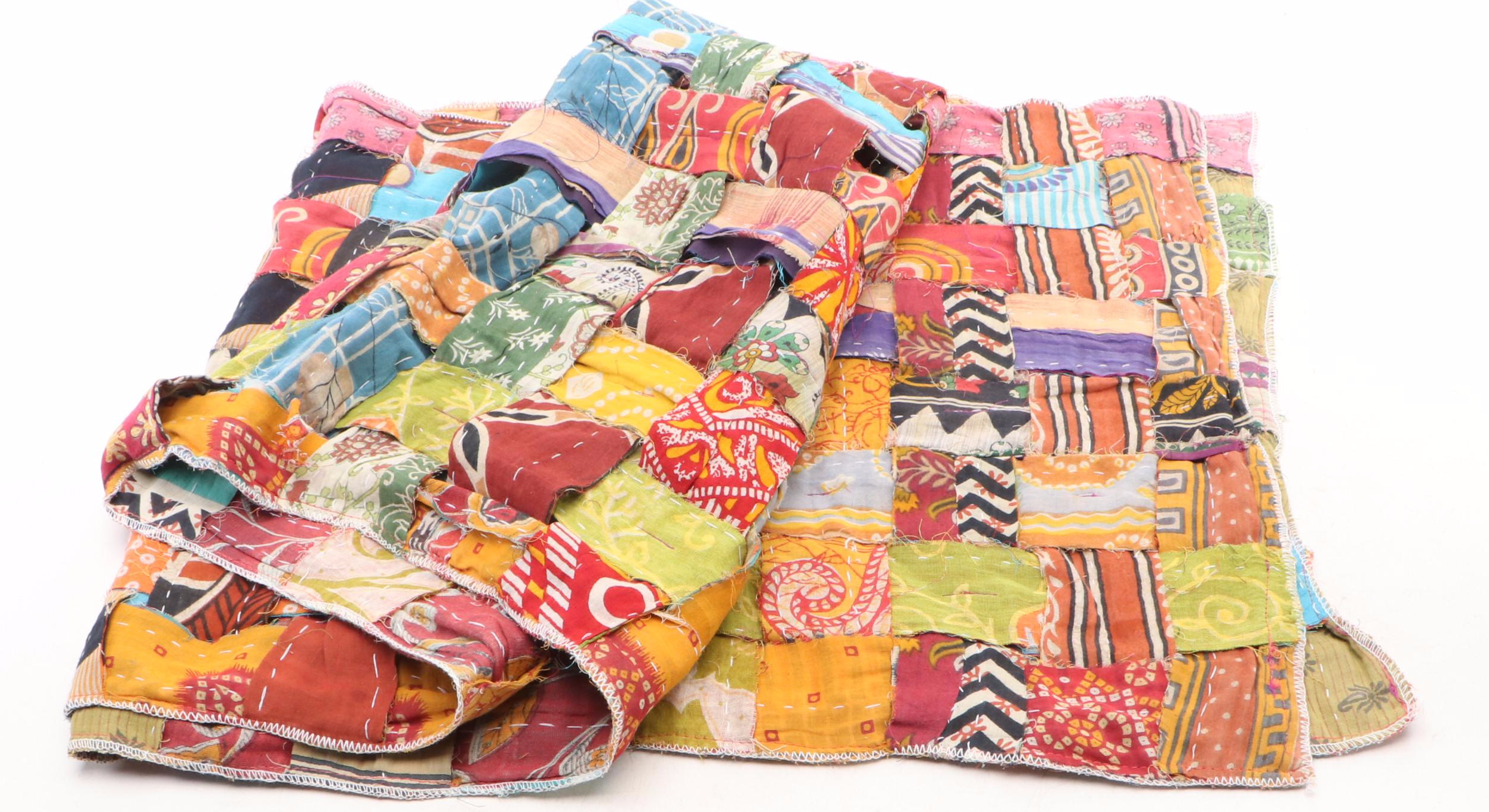 Indian Kantha Quilt Hand-Stitched Coverlets and Accent Pillows