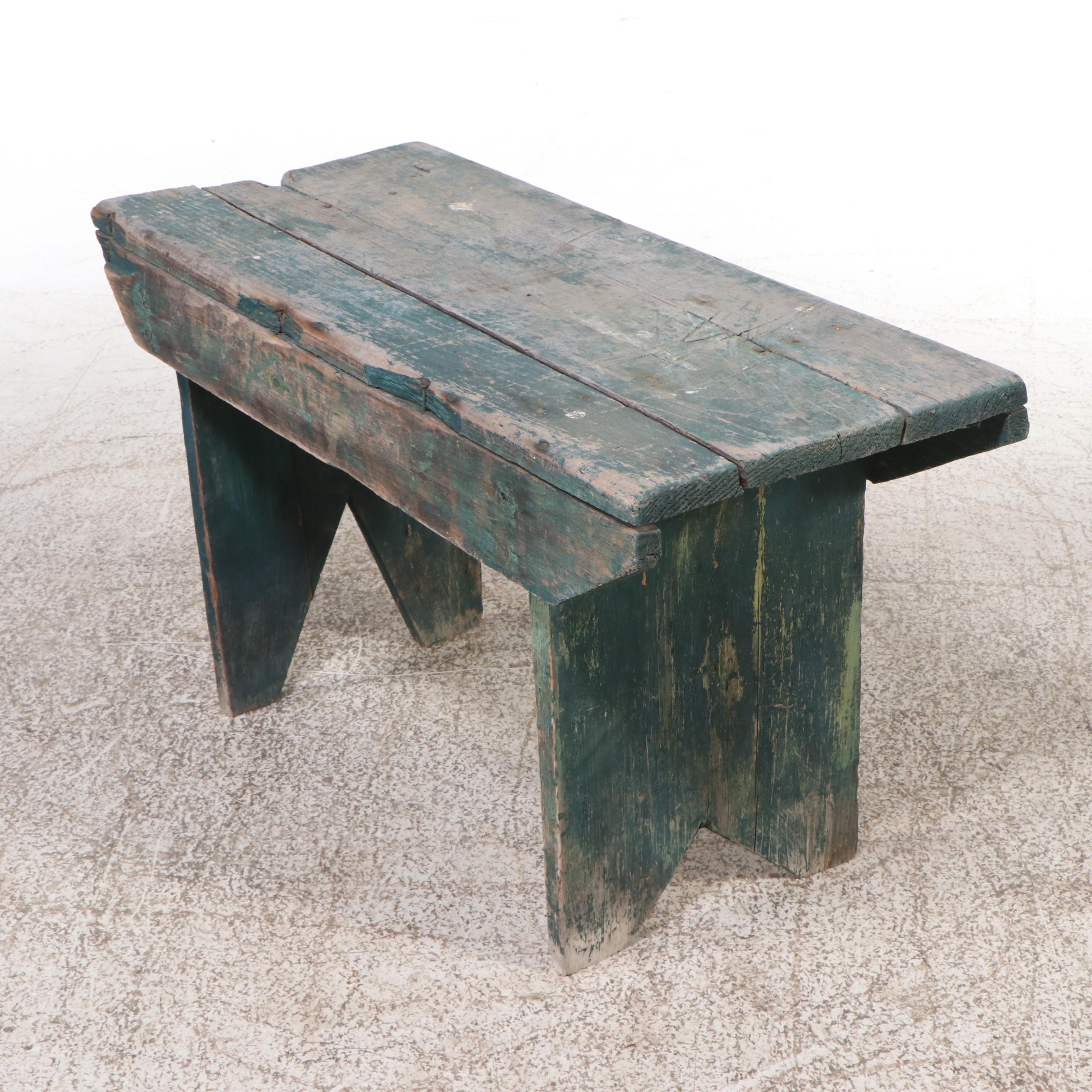 Two American Primitive Bootjack-Style Painted Wood Benches, Mid-20th Century