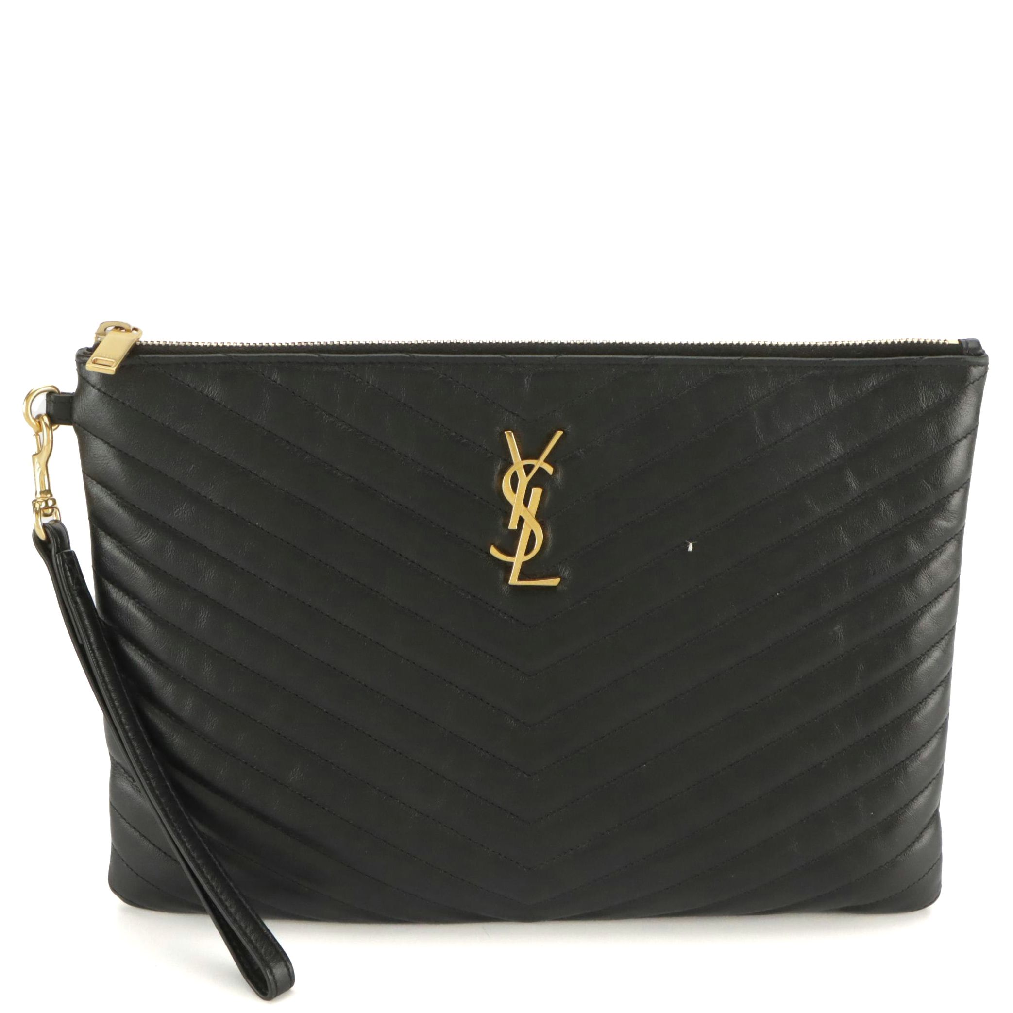 Saint Laurent YSL Large Wristlet Clutch in Chevron Quilted Black Calfskin