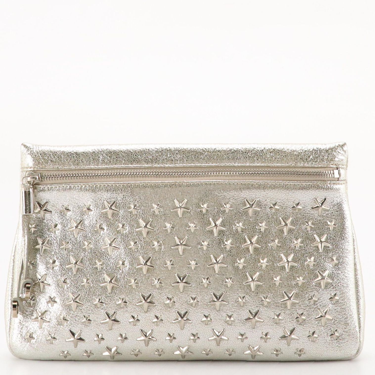 Jimmy Choo Zena Clutch in Silver Tone Star Studded Metallic Silver Leather