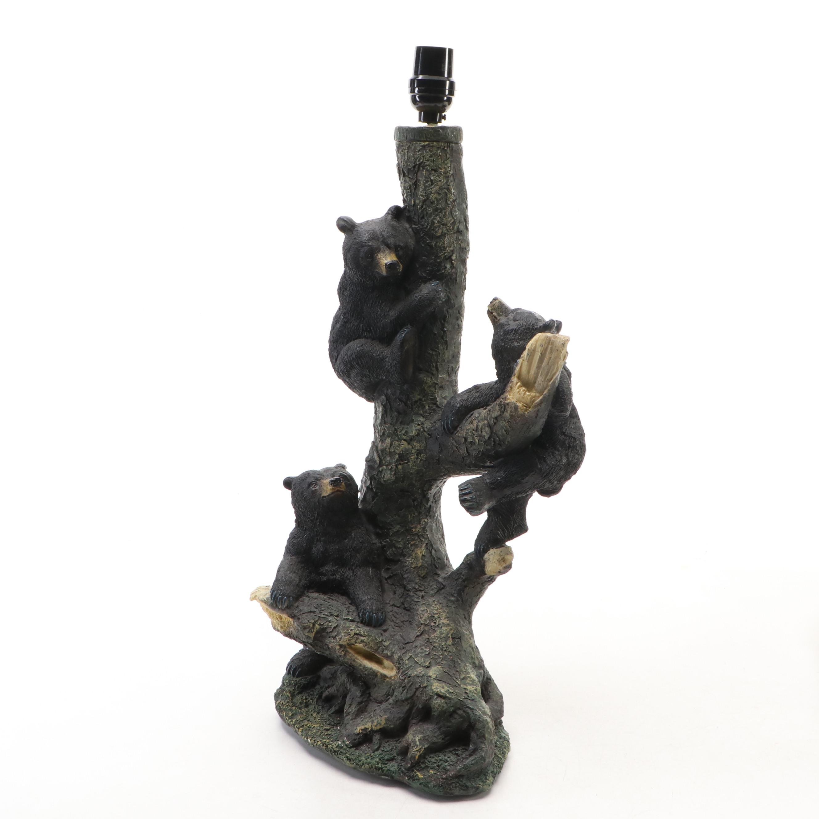 Rustic Cabin Decor Black Bear Cubs on Tree Stump Accent Lamp & Coordinating Bowl