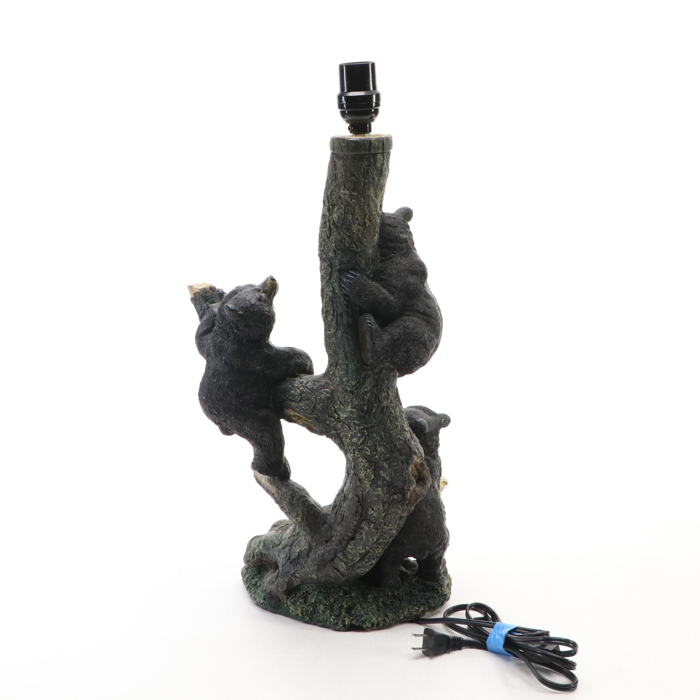Rustic Cabin Decor Black Bear Cubs on Tree Stump Accent Lamp & Coordinating Bowl