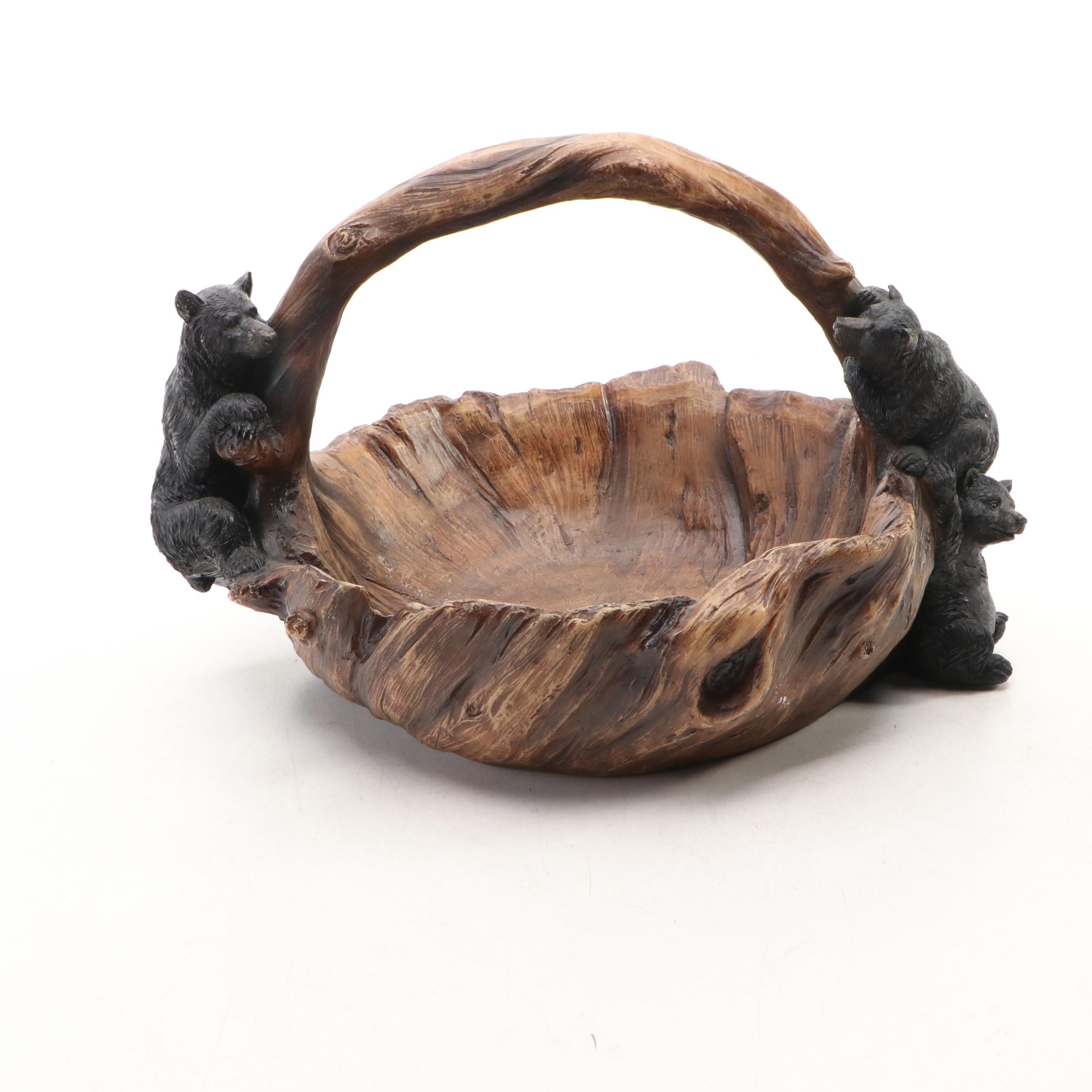 Rustic Cabin Decor Black Bear Cubs on Tree Stump Accent Lamp & Coordinating Bowl