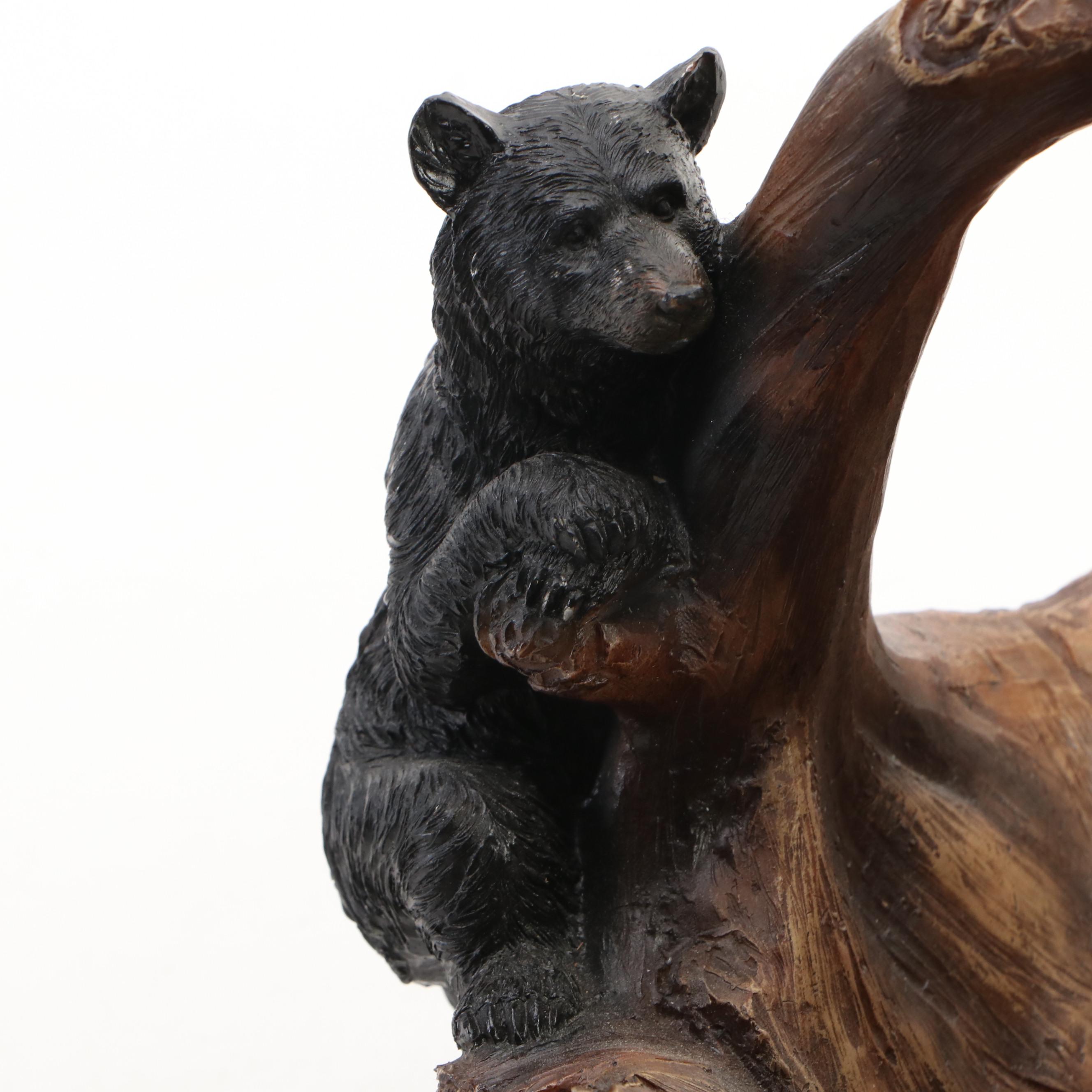 Rustic Cabin Decor Black Bear Cubs on Tree Stump Accent Lamp & Coordinating Bowl