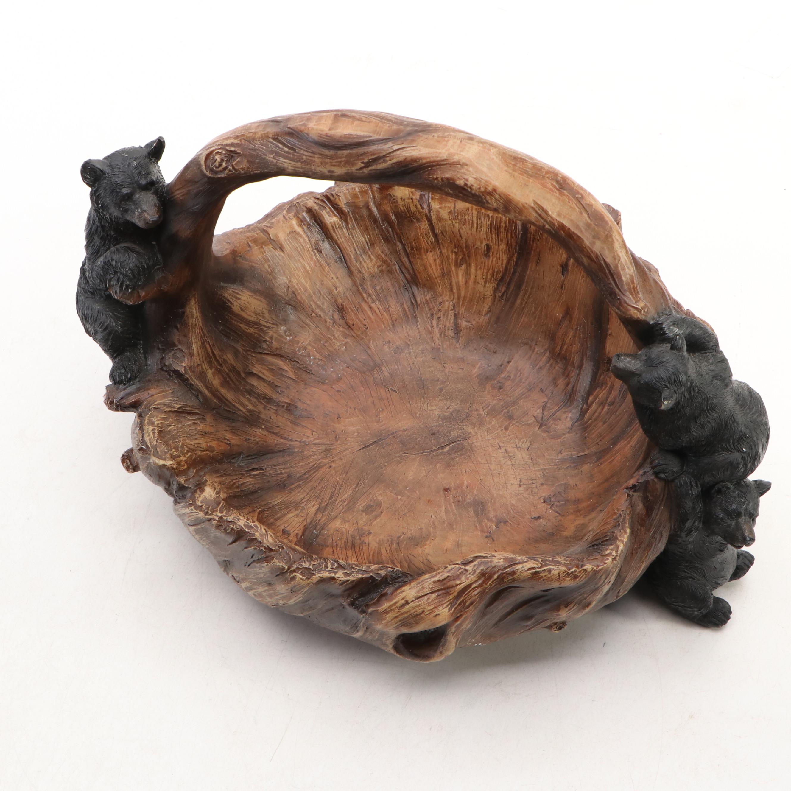 Rustic Cabin Decor Black Bear Cubs on Tree Stump Accent Lamp & Coordinating Bowl