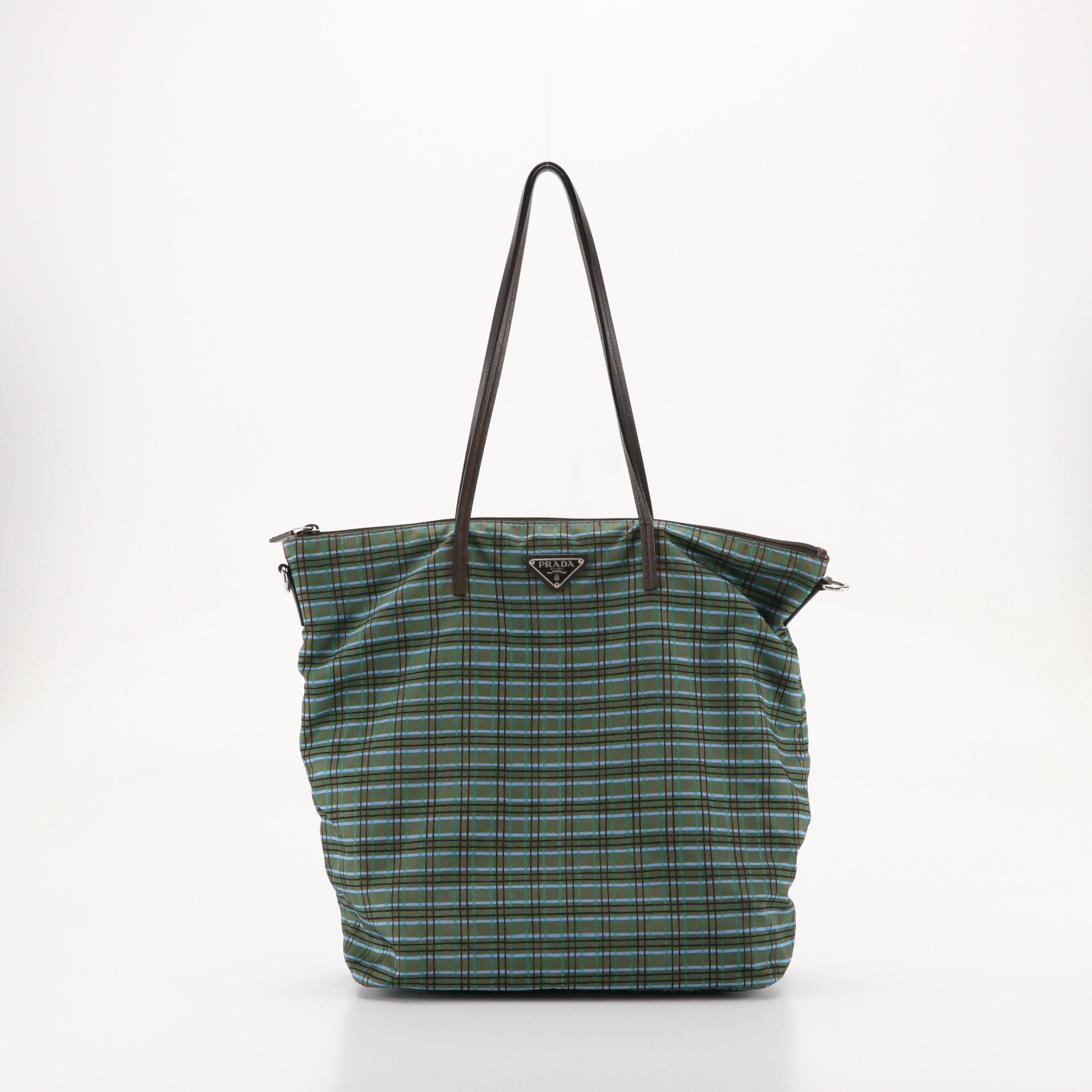 Prada Two-Way Zip Tote in Blue/Green Plaid Tessuto Nylon and Leather Straps