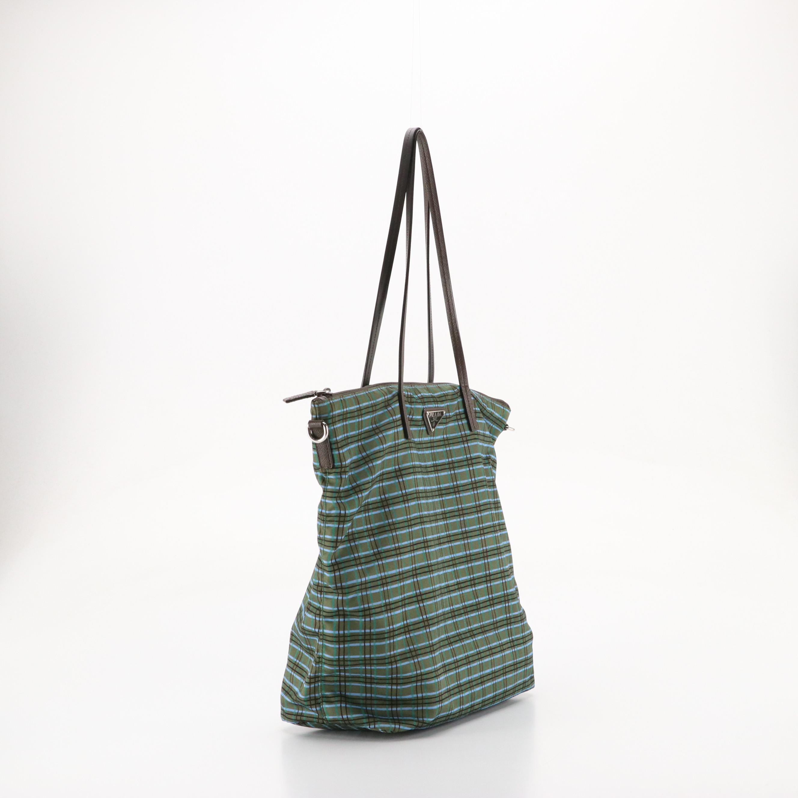 Prada Two-Way Zip Tote in Blue/Green Plaid Tessuto Nylon and Leather Straps