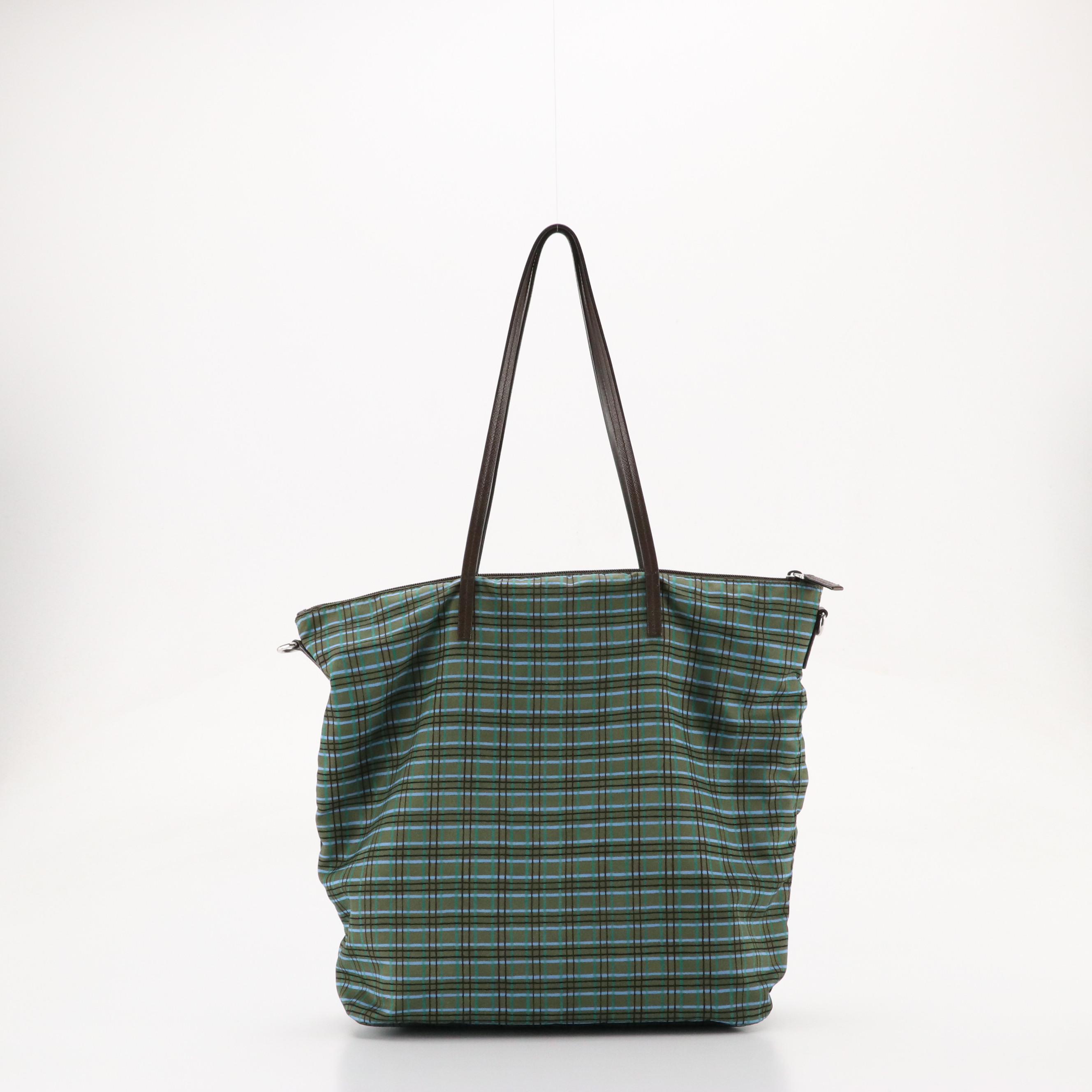 Prada Two-Way Zip Tote in Blue/Green Plaid Tessuto Nylon and Leather Straps