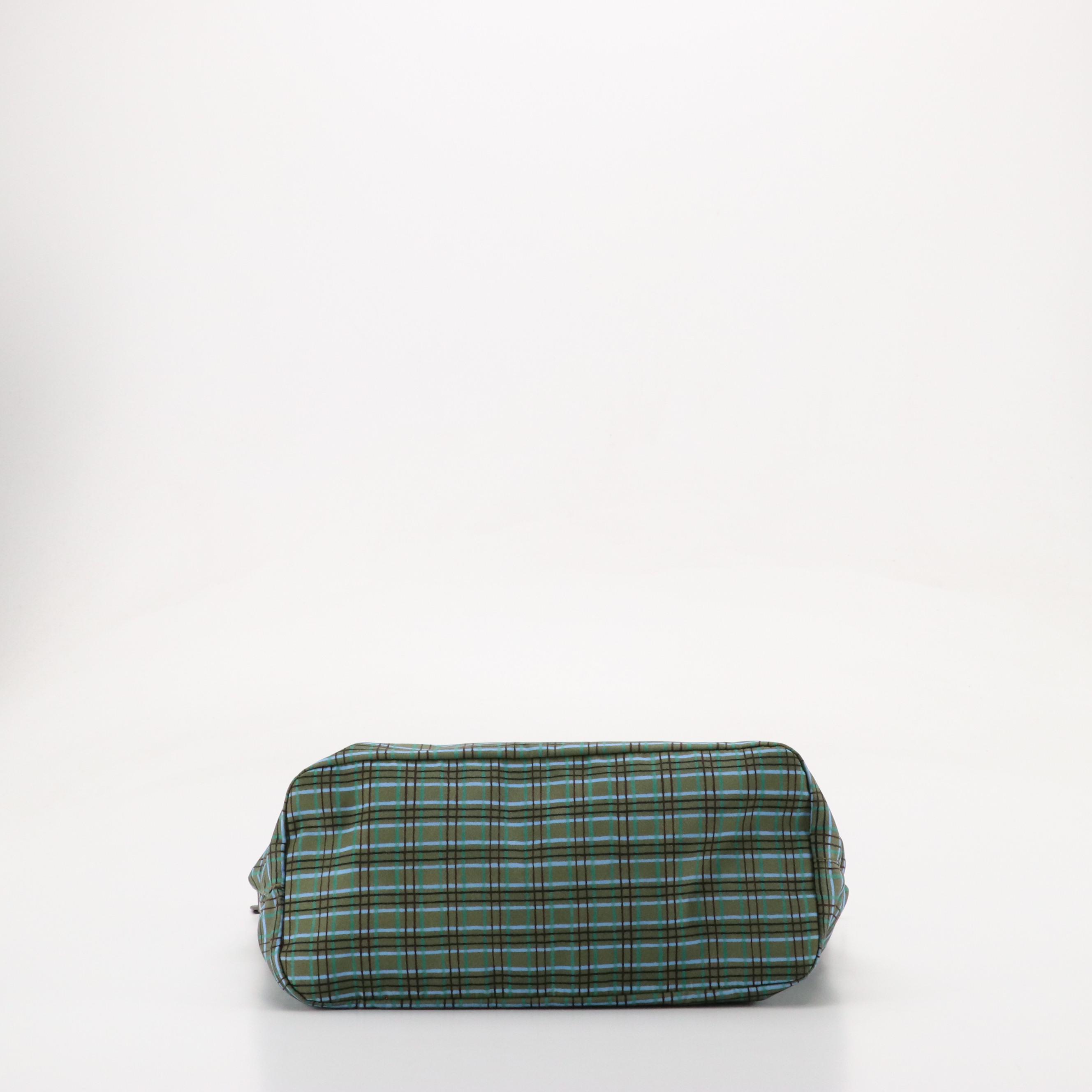 Prada Two-Way Zip Tote in Blue/Green Plaid Tessuto Nylon and Leather Straps