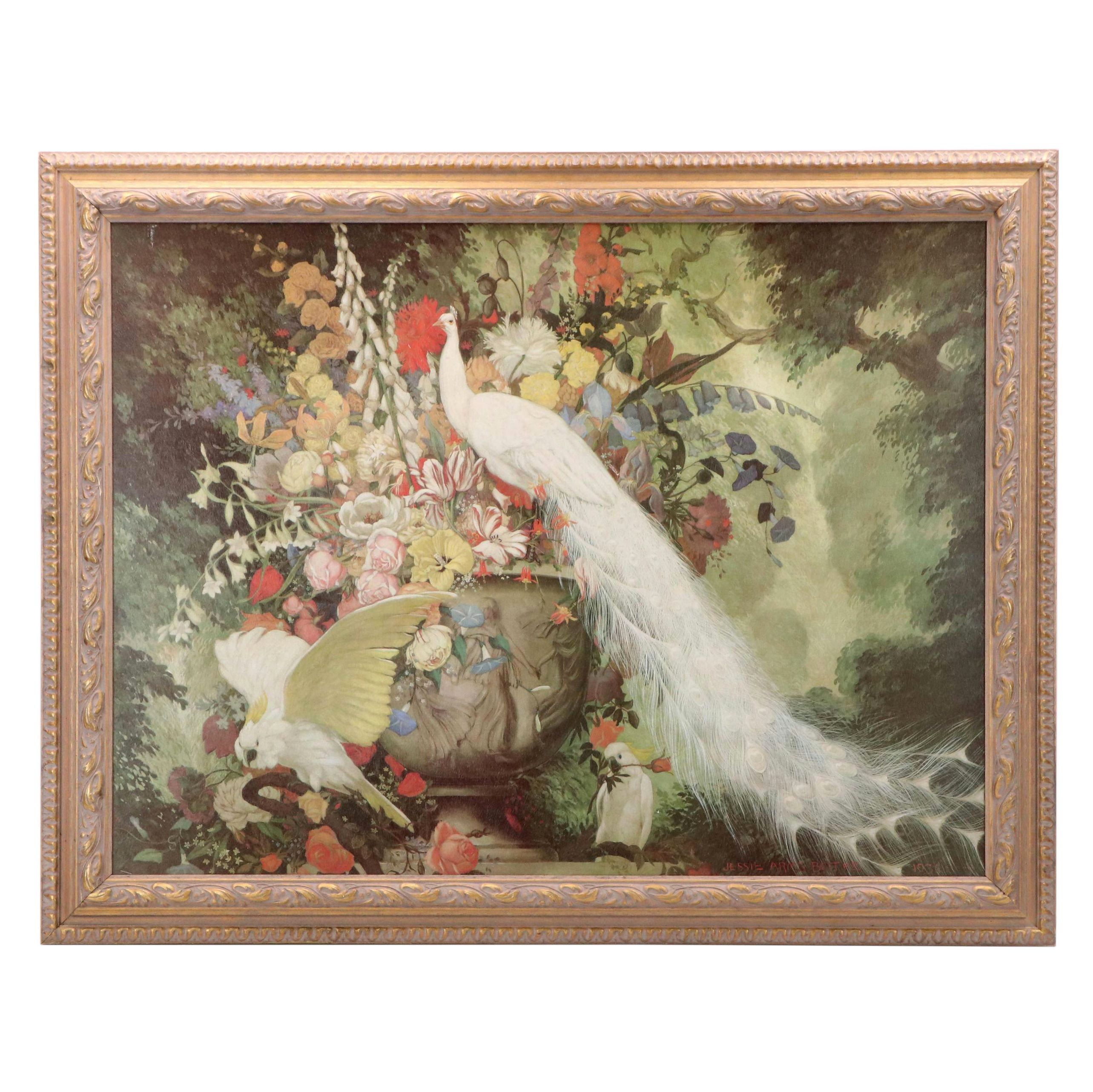 Offset Lithgraph After Jessie Arms Botke "White Peacock, Cockatoos, and Flowers"