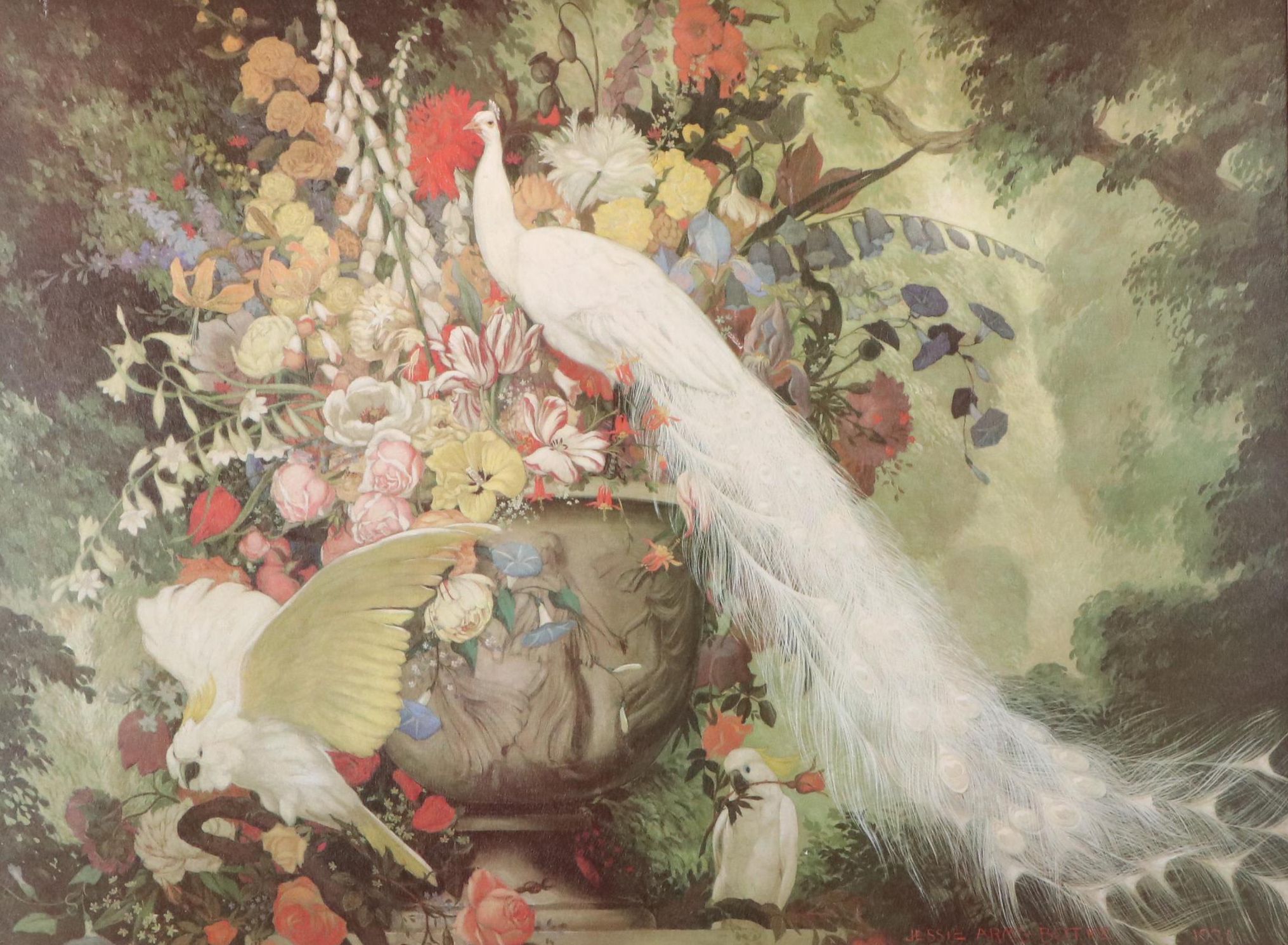 Offset Lithgraph After Jessie Arms Botke "White Peacock, Cockatoos, and Flowers"