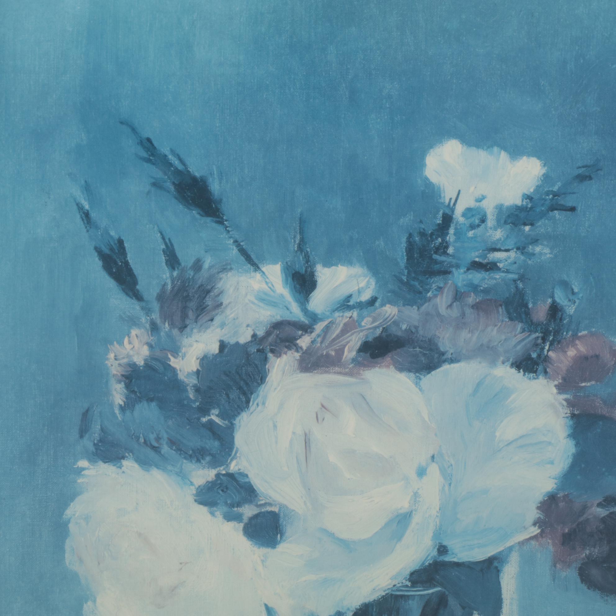 Offset Lithograph After Édouard Manet Blue Monochrome Floral Still Life