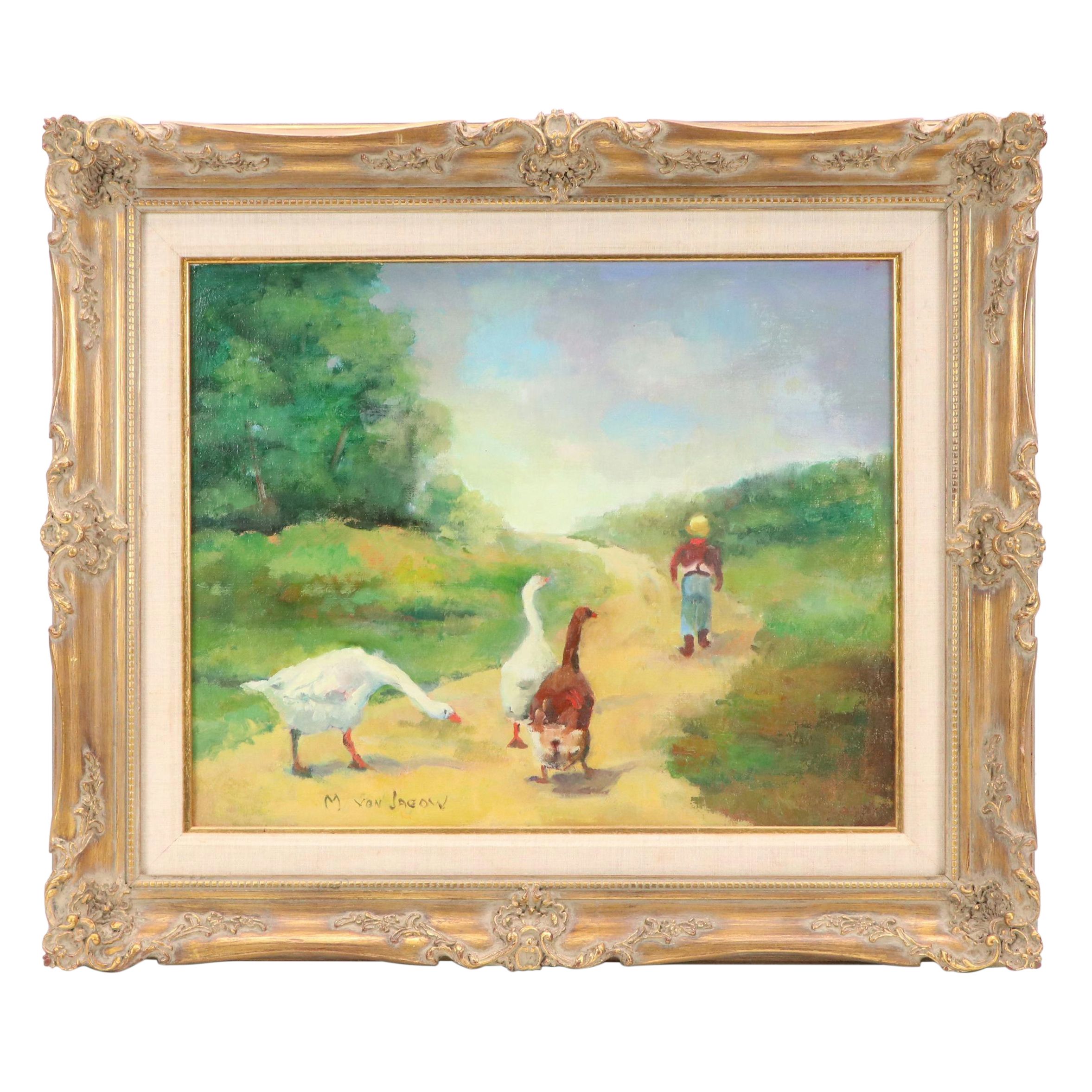 M. Von Jagow Oil Painting of Geese Following Figure, Mid–Late 20th Century