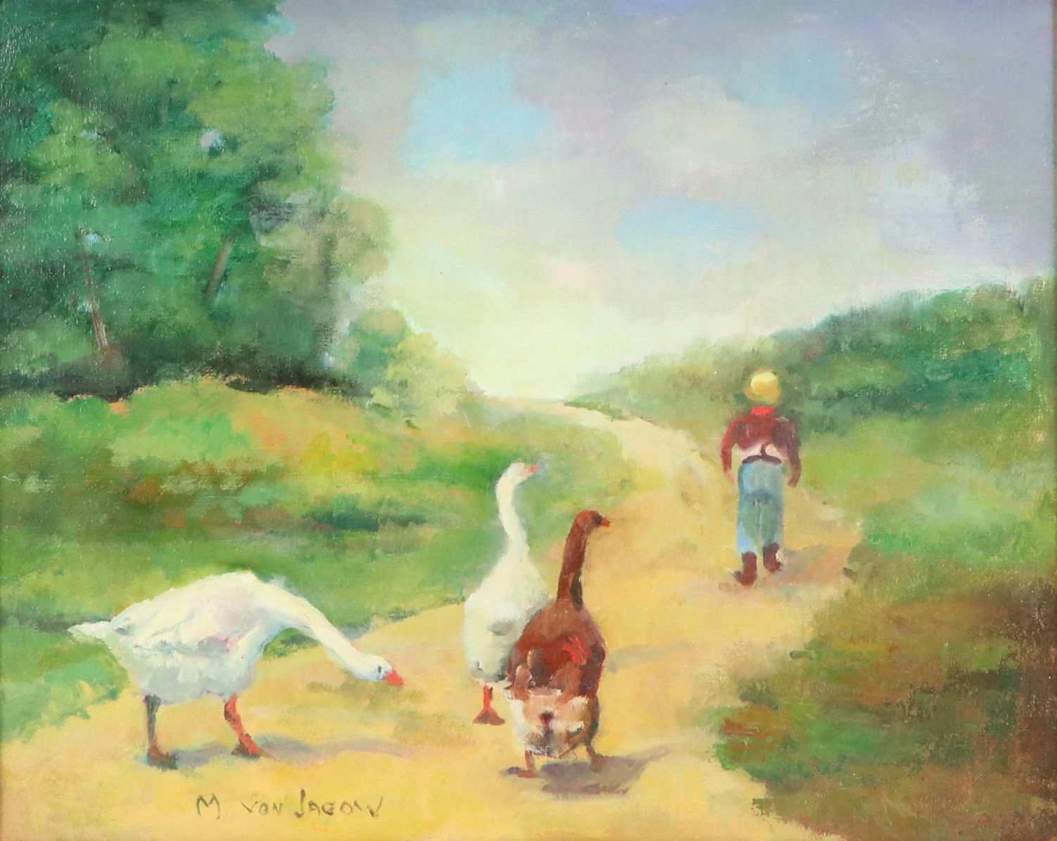 M. Von Jagow Oil Painting of Geese Following Figure, Mid–Late 20th Century