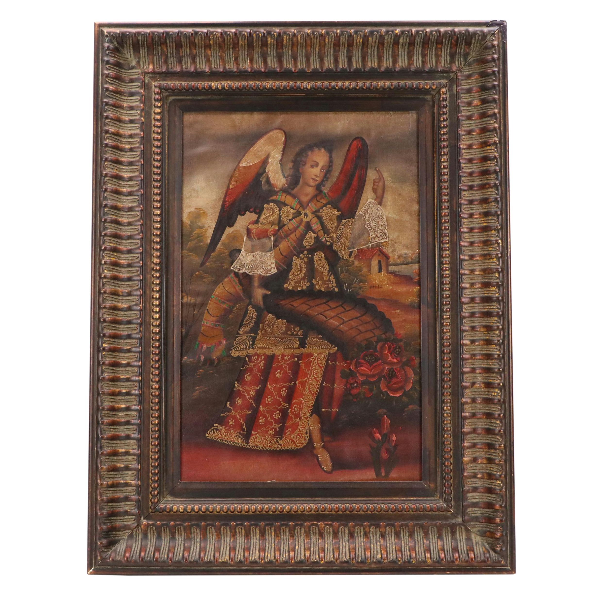 Peruvian Oil Painting of Archangel Barachiel, Mid–Late 20th Century