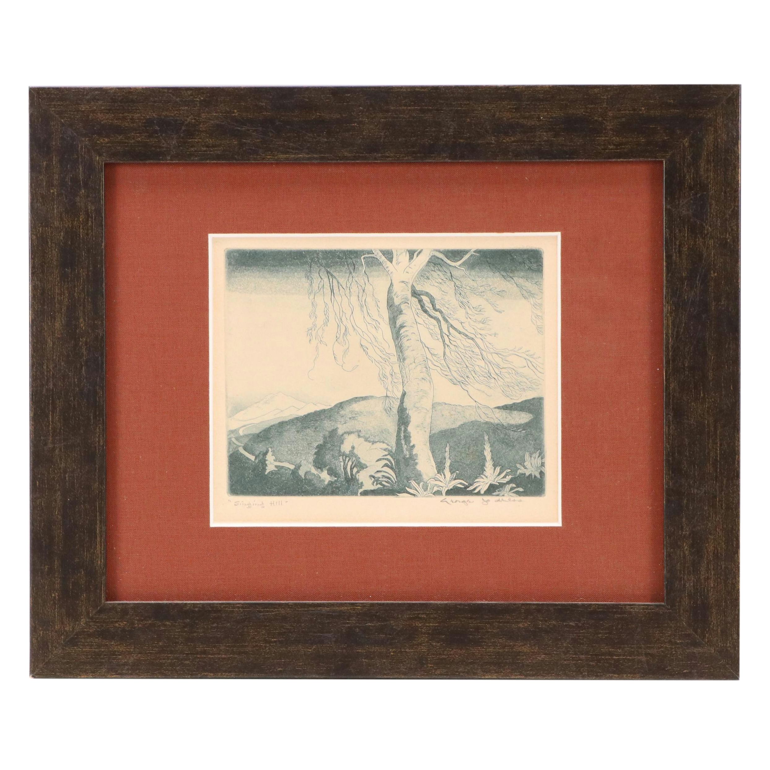 George Jo Mess Landscape Aquatint Etching "Singing Hill"