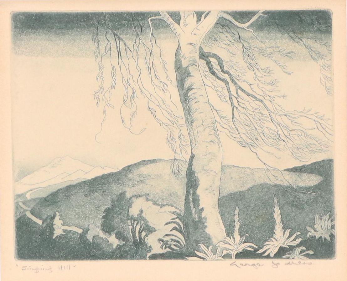 George Jo Mess Landscape Aquatint Etching "Singing Hill"