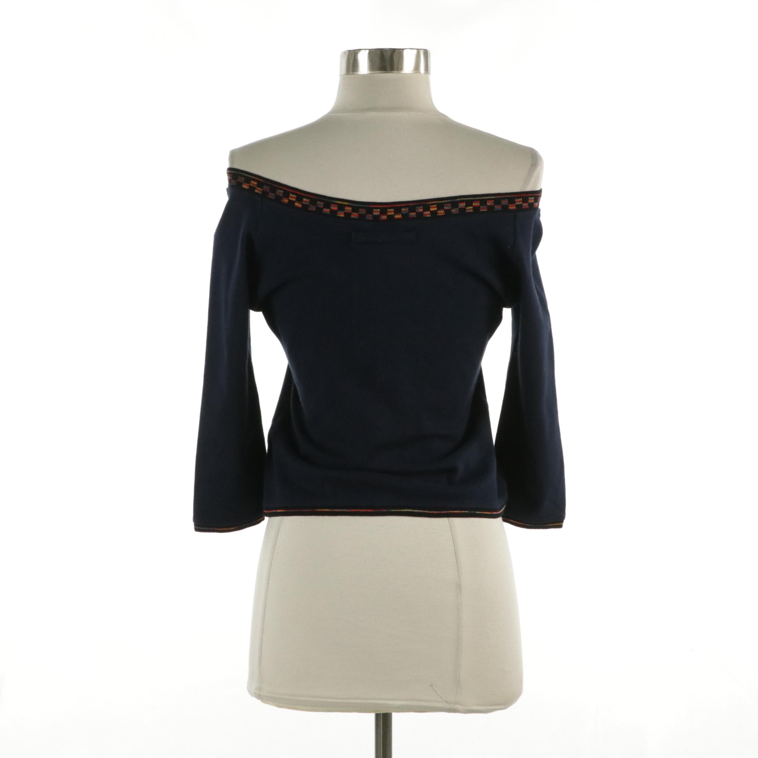 Jean Paul Gaultier Femme Navy Knit 3/4 Sleeve Off-The-Shoulder Zip Sweater