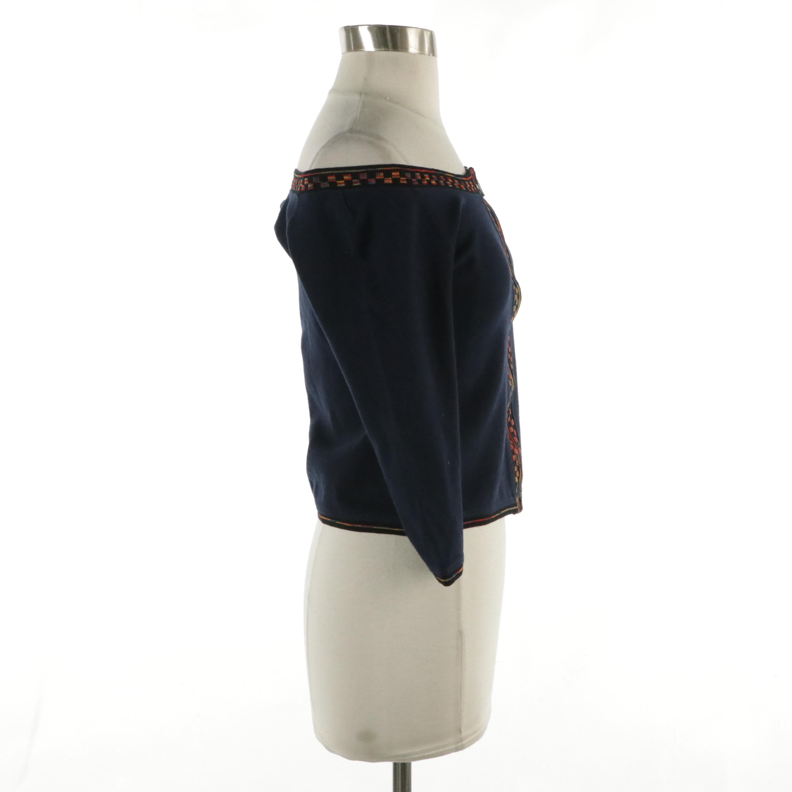 Jean Paul Gaultier Femme Navy Knit 3/4 Sleeve Off-The-Shoulder Zip Sweater