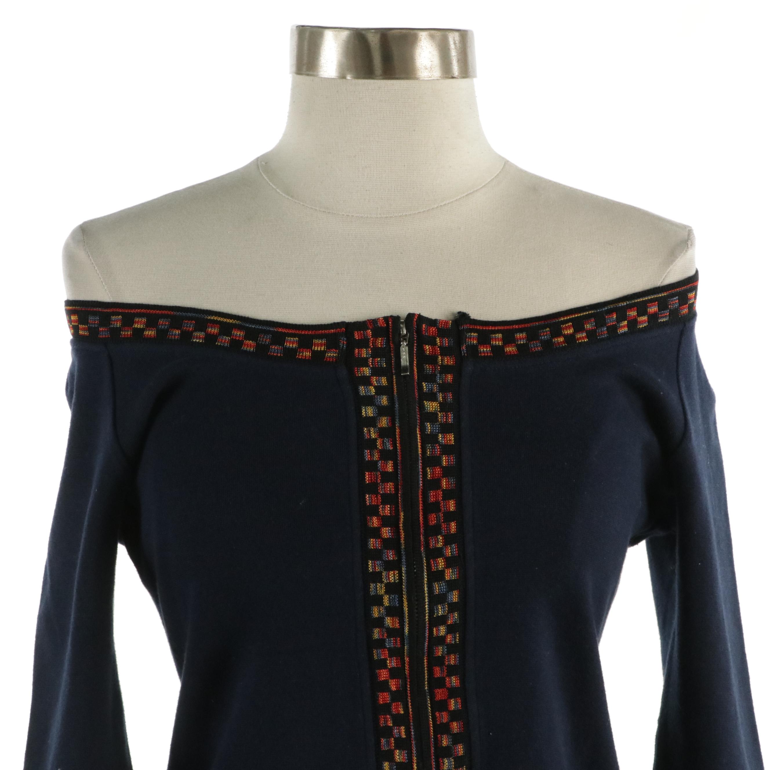 Jean Paul Gaultier Femme Navy Knit 3/4 Sleeve Off-The-Shoulder Zip Sweater