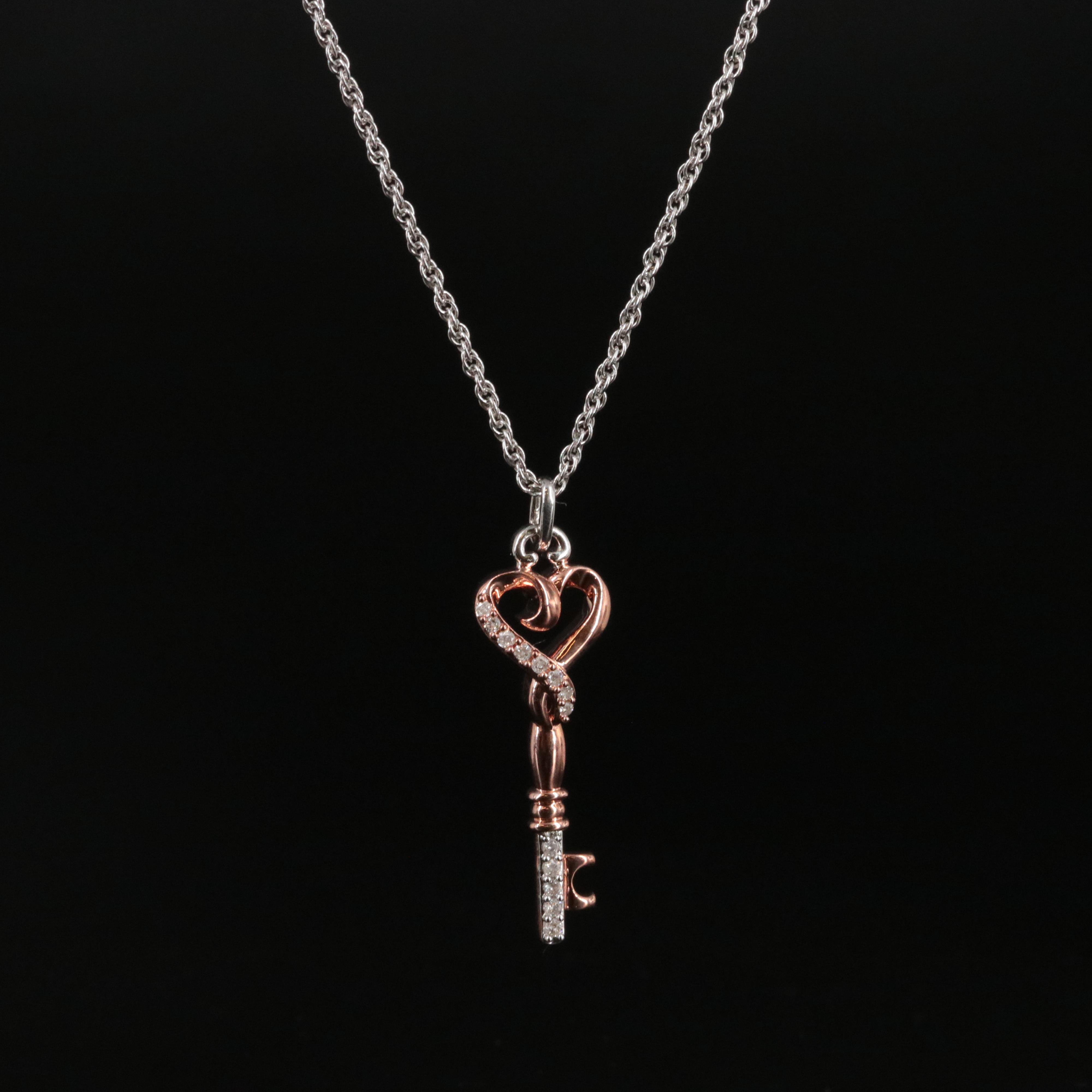 Sterling Diamond Key to Heart Rose Tone Pendant Necklace