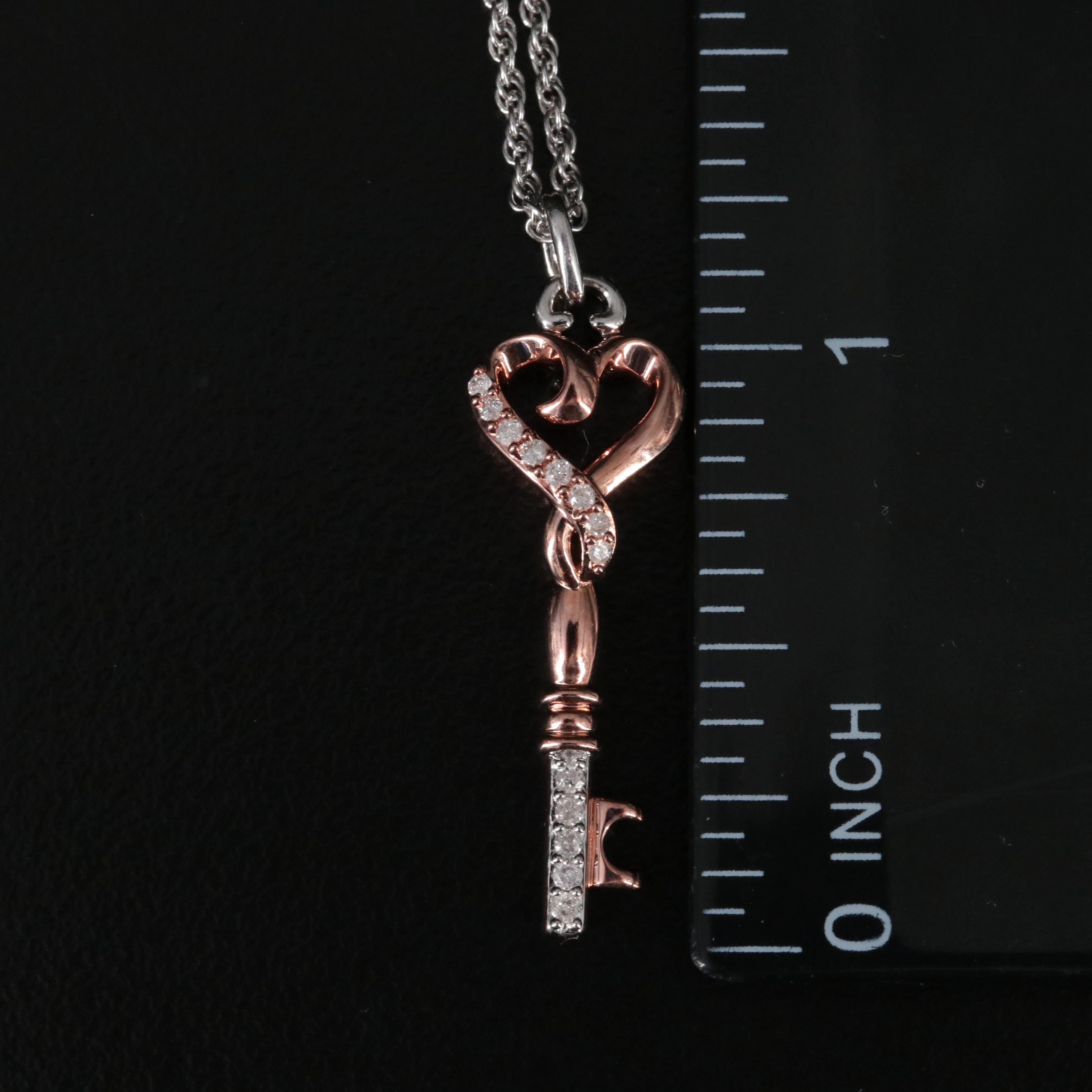Sterling Diamond Key to Heart Rose Tone Pendant Necklace