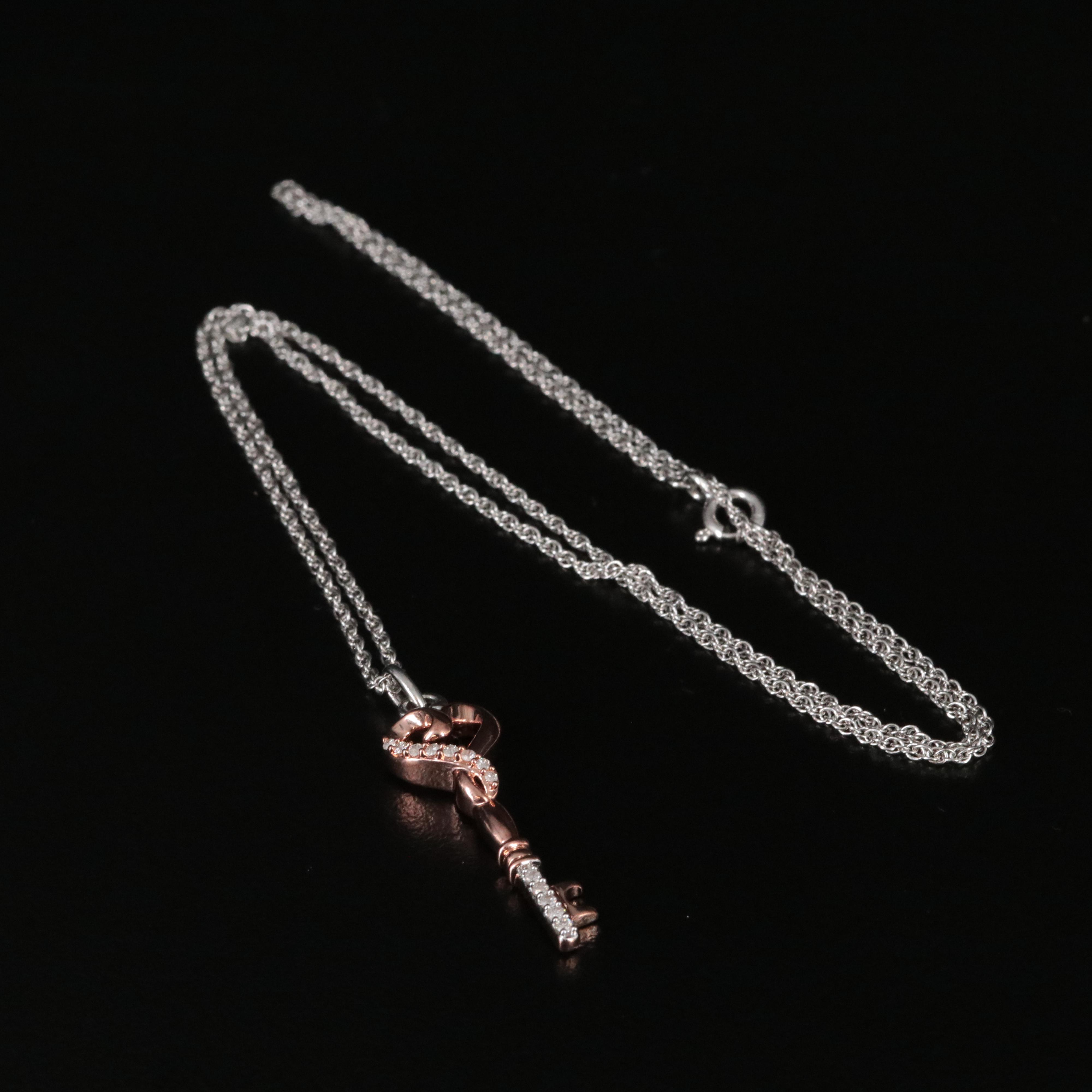 Sterling Diamond Key to Heart Rose Tone Pendant Necklace