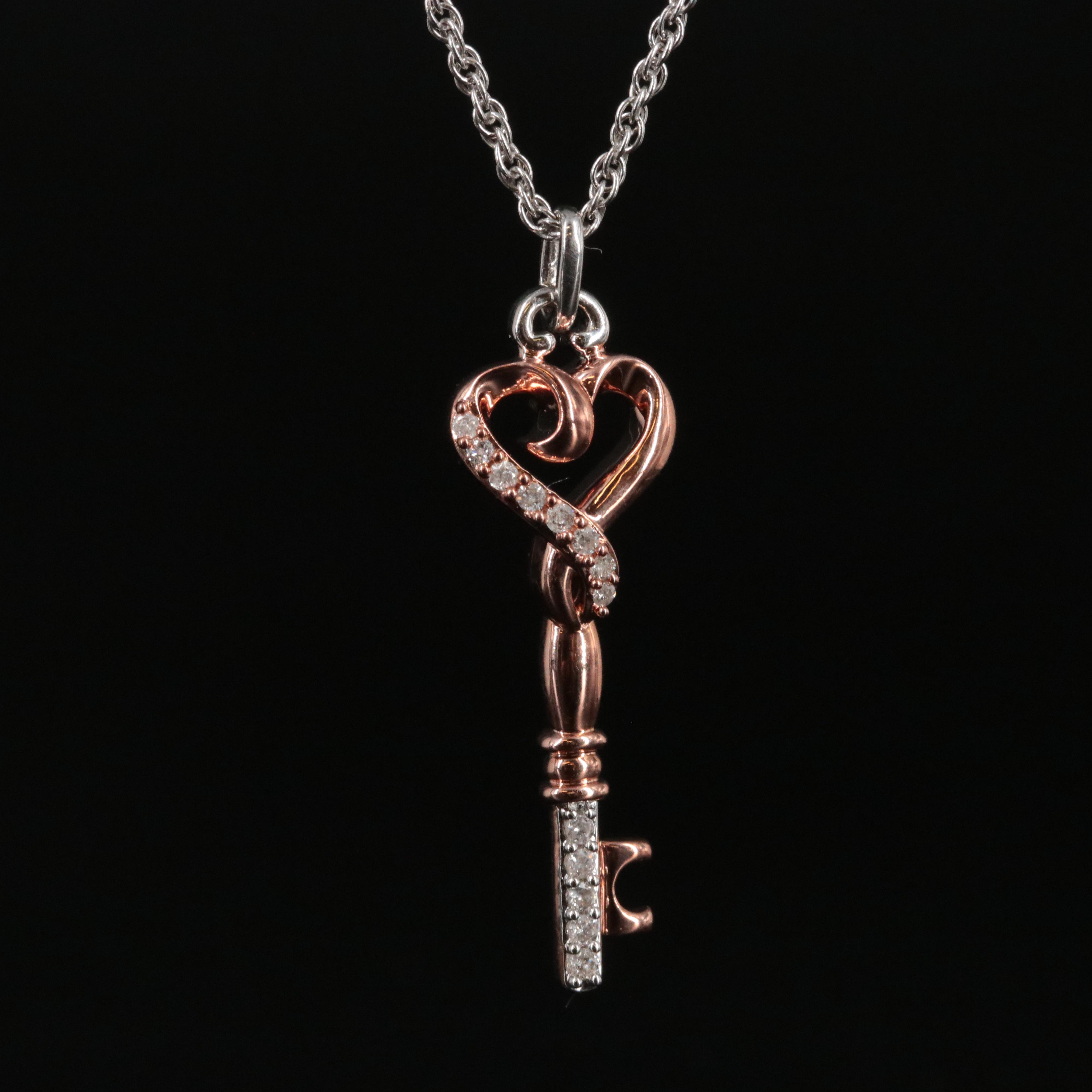 Sterling Diamond Key to Heart Rose Tone Pendant Necklace