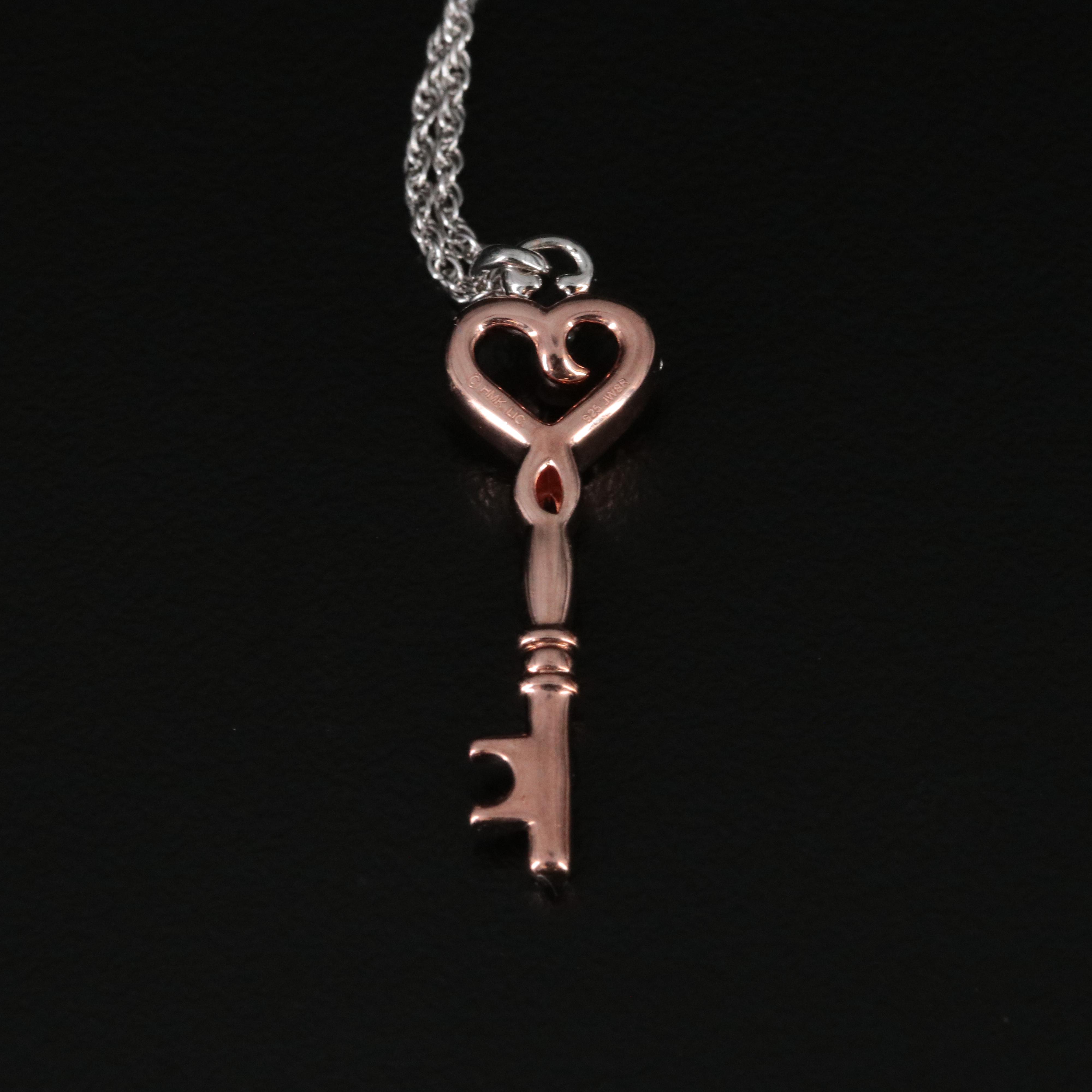 Sterling Diamond Key to Heart Rose Tone Pendant Necklace