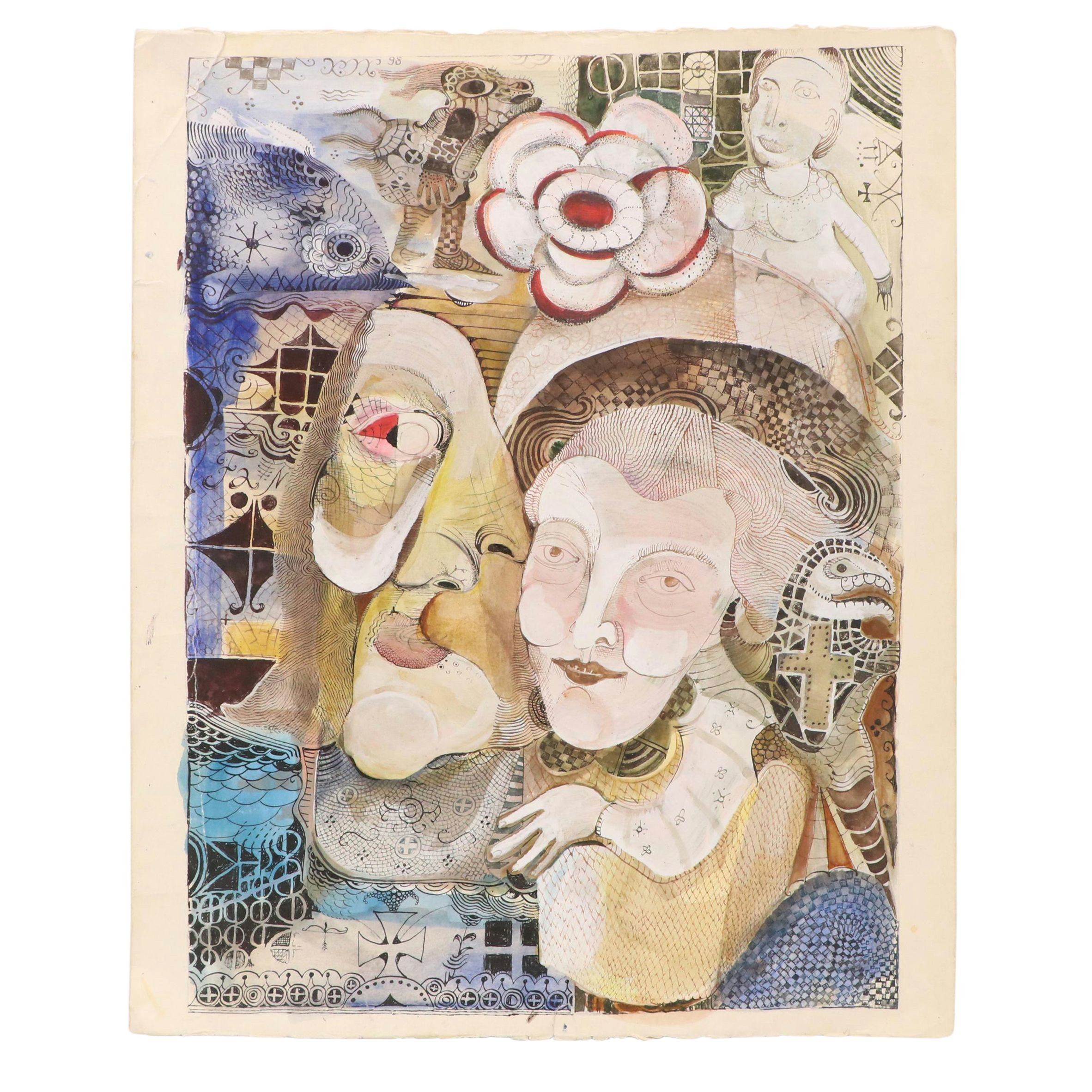 Nikolay "Kuk" Manuylov Figural Surrealist Ink and Watercolor Painting