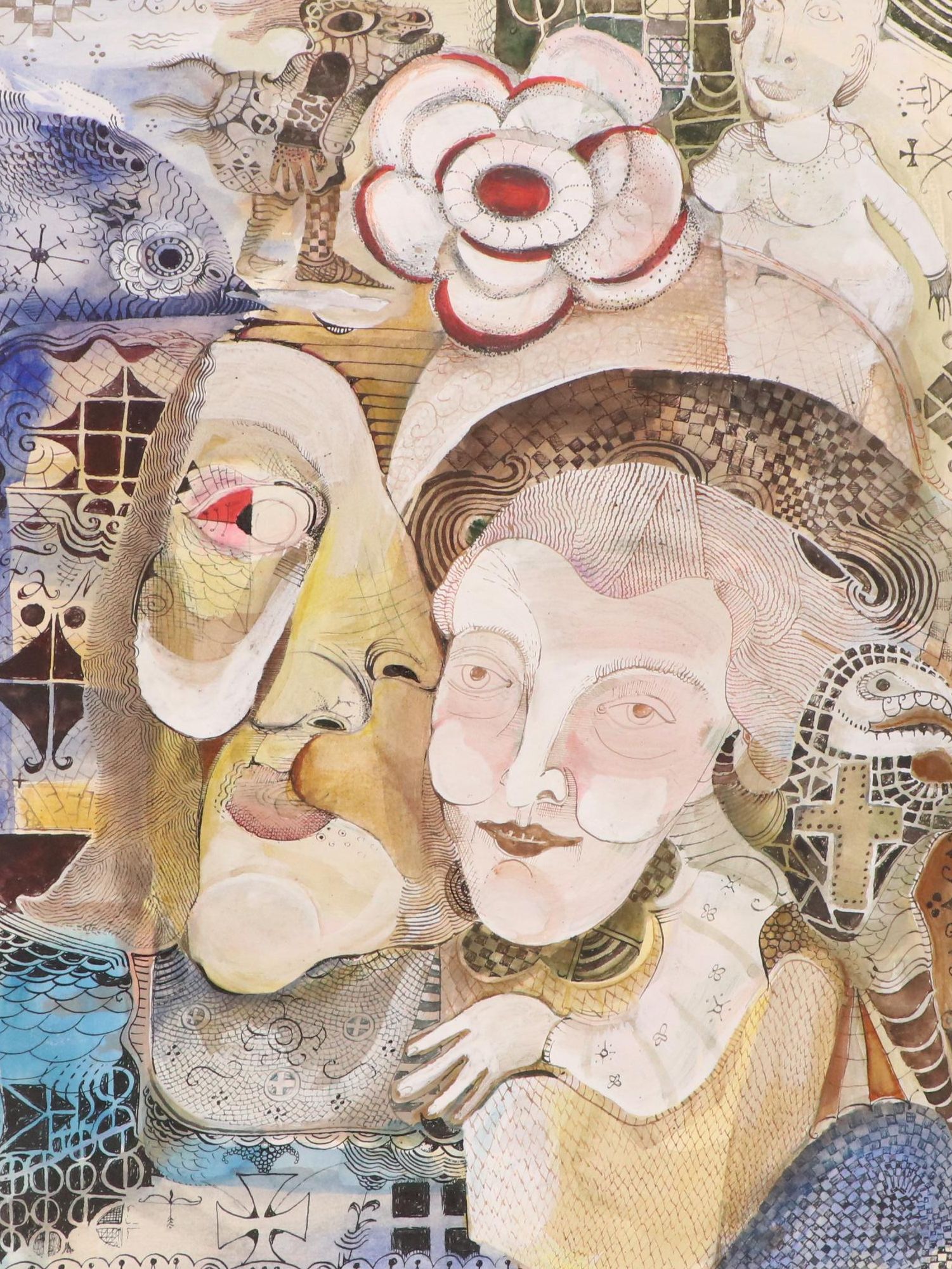 Nikolay "Kuk" Manuylov Figural Surrealist Ink and Watercolor Painting