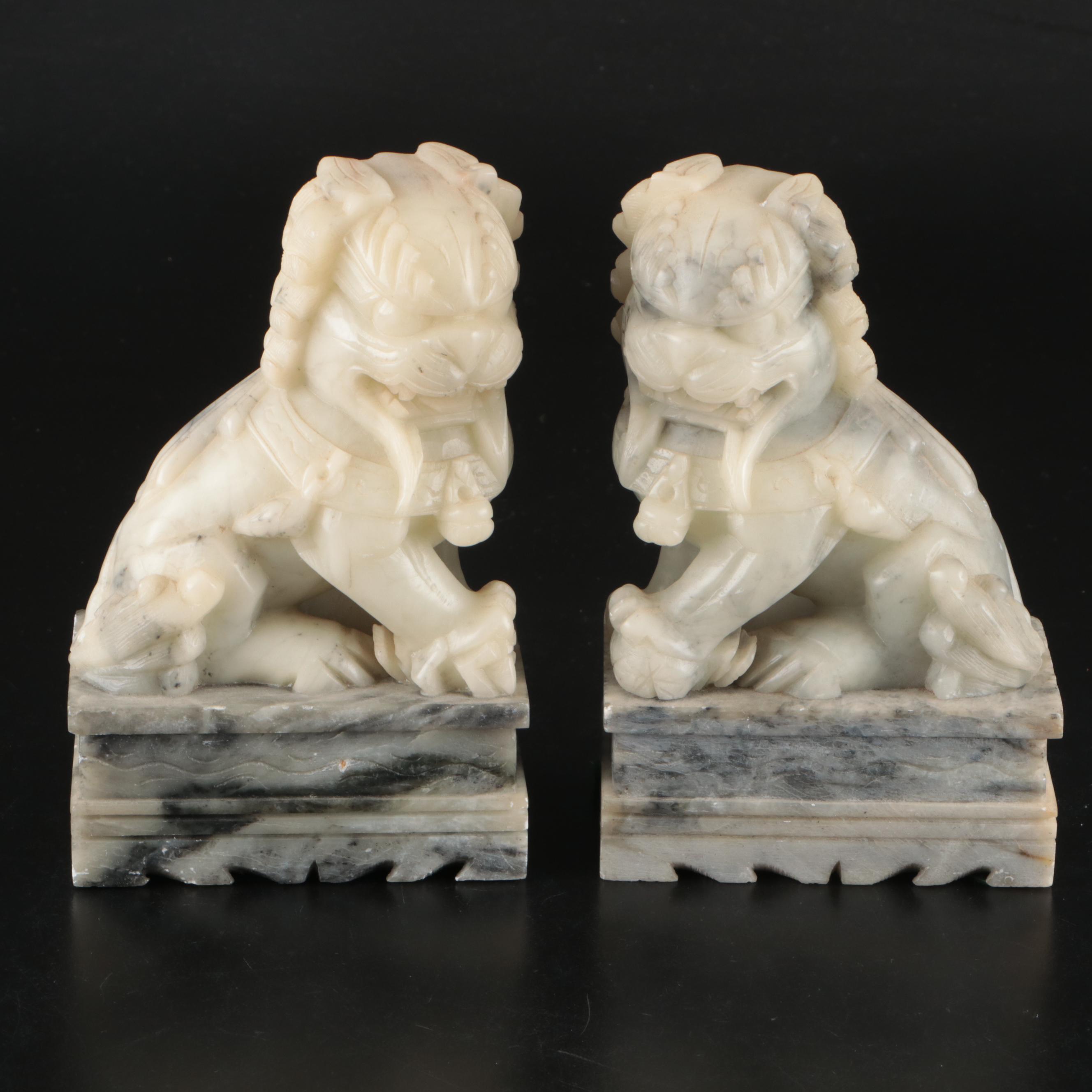 Pair of Chinese Carved Soapstone "Shishī" Guardian Lions