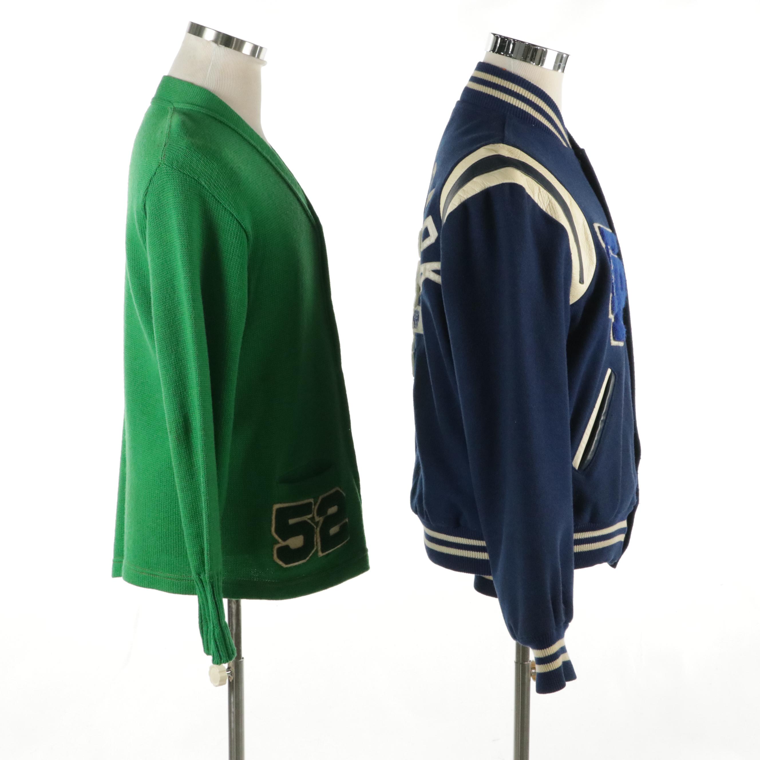 Men's Vintage Forest Park Wool Letterman Jacket and Wool Knit V-Neck Cardigan