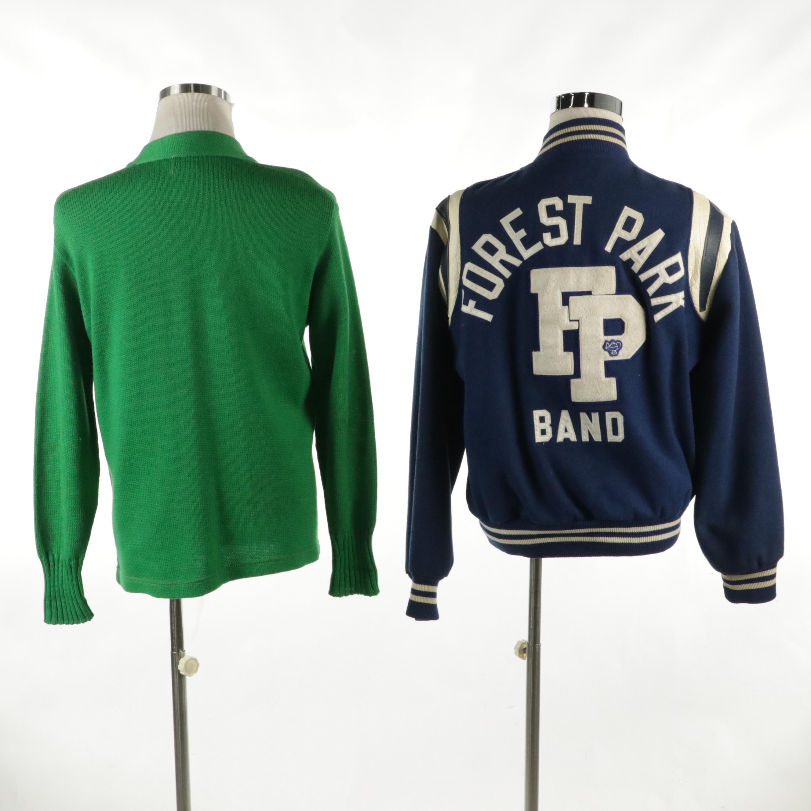Men's Vintage Forest Park Wool Letterman Jacket and Wool Knit V-Neck Cardigan