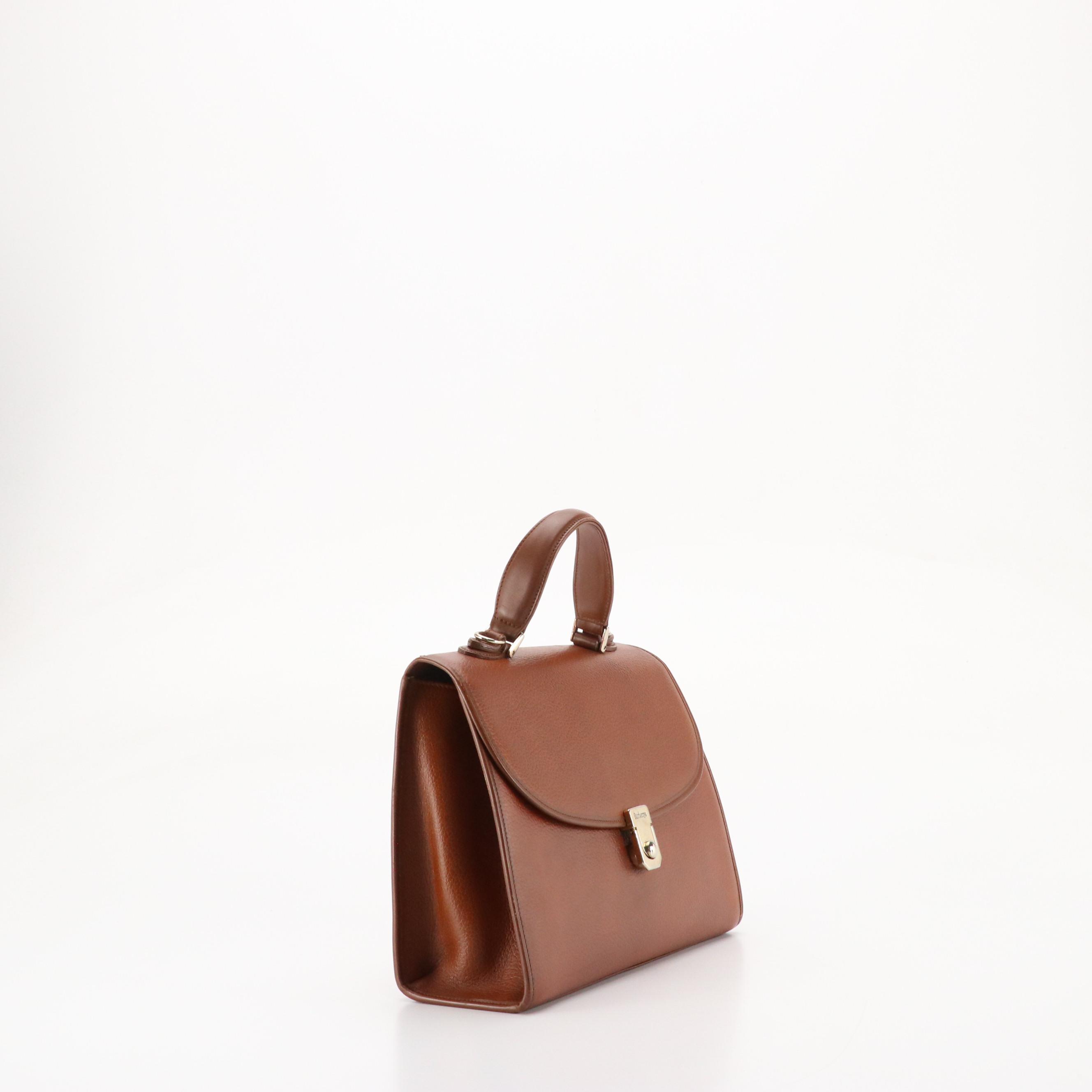 Burberrys Front Flap Top Handle Bag in Brown Grained Leather